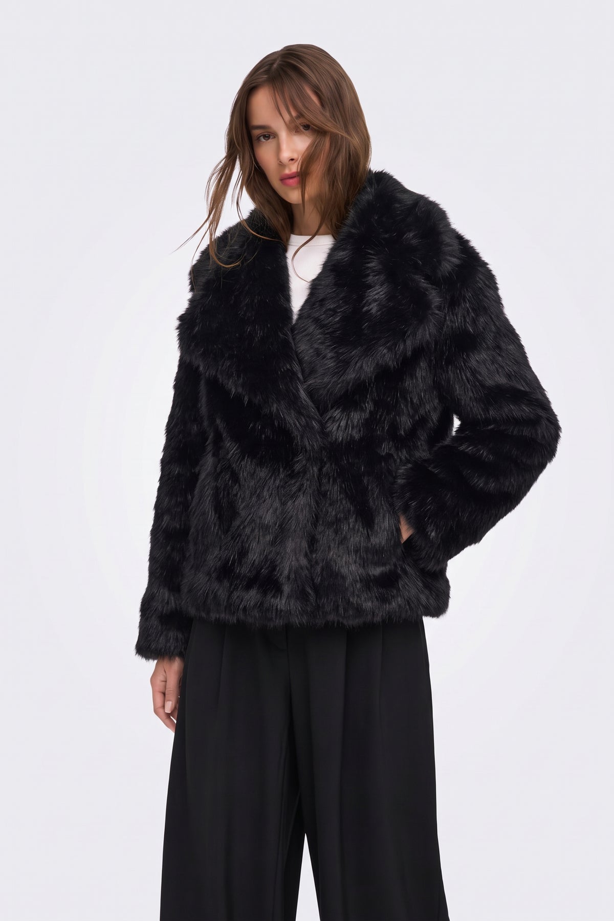 Faux Fur Jacket Black Cropped Oversized Women