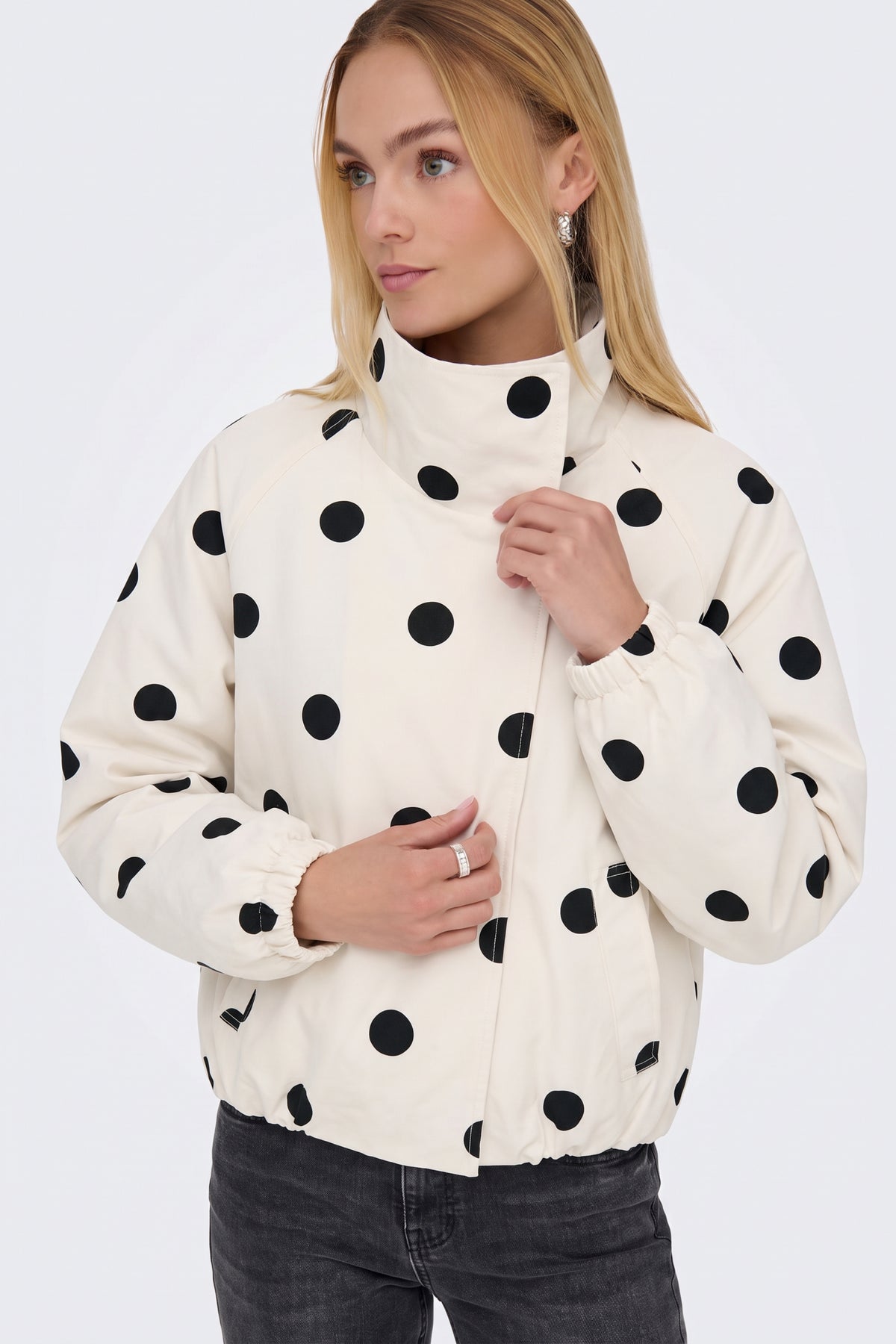 Cream Jacket Polka Dot Funnel Neck full length on model