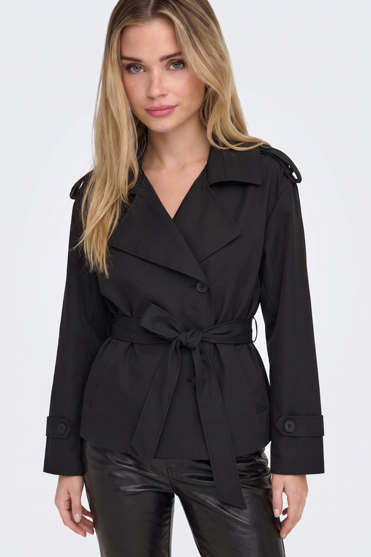 Black wrap trench jacket tied at the waist