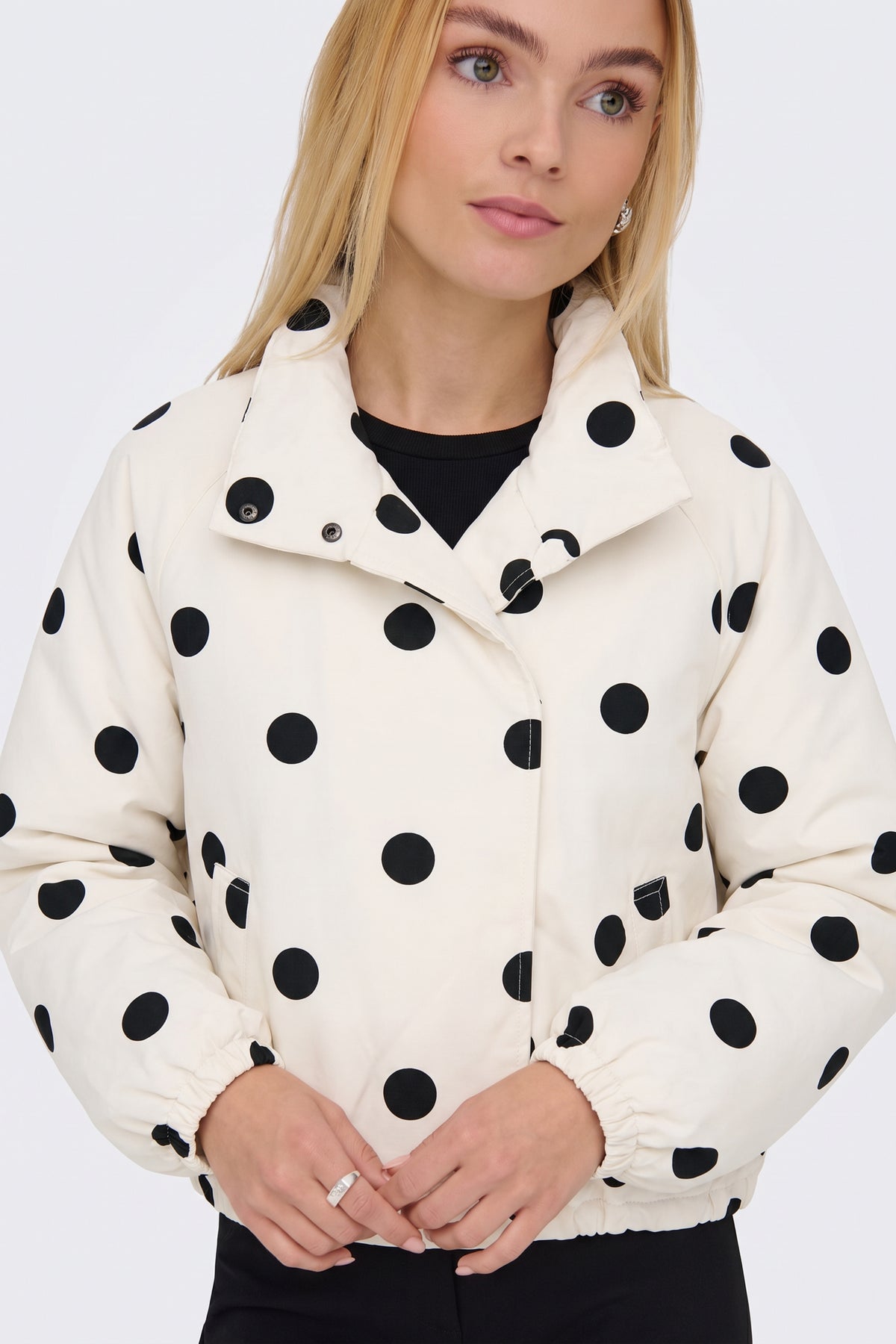 Cream Jacket Polka Dot Funnel Neck fabric and fastening detail