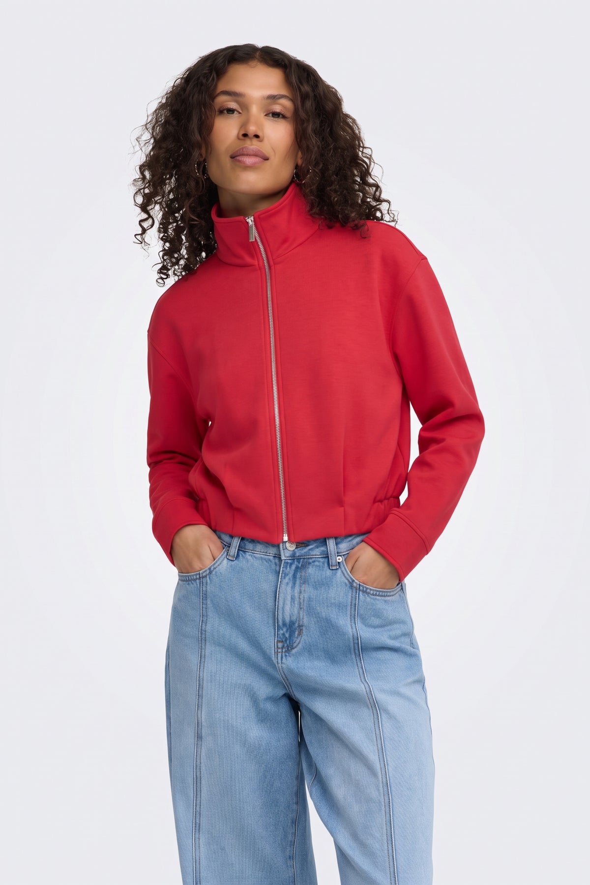 Red Zip Jacket Funnel Neck Cropped on model, front view