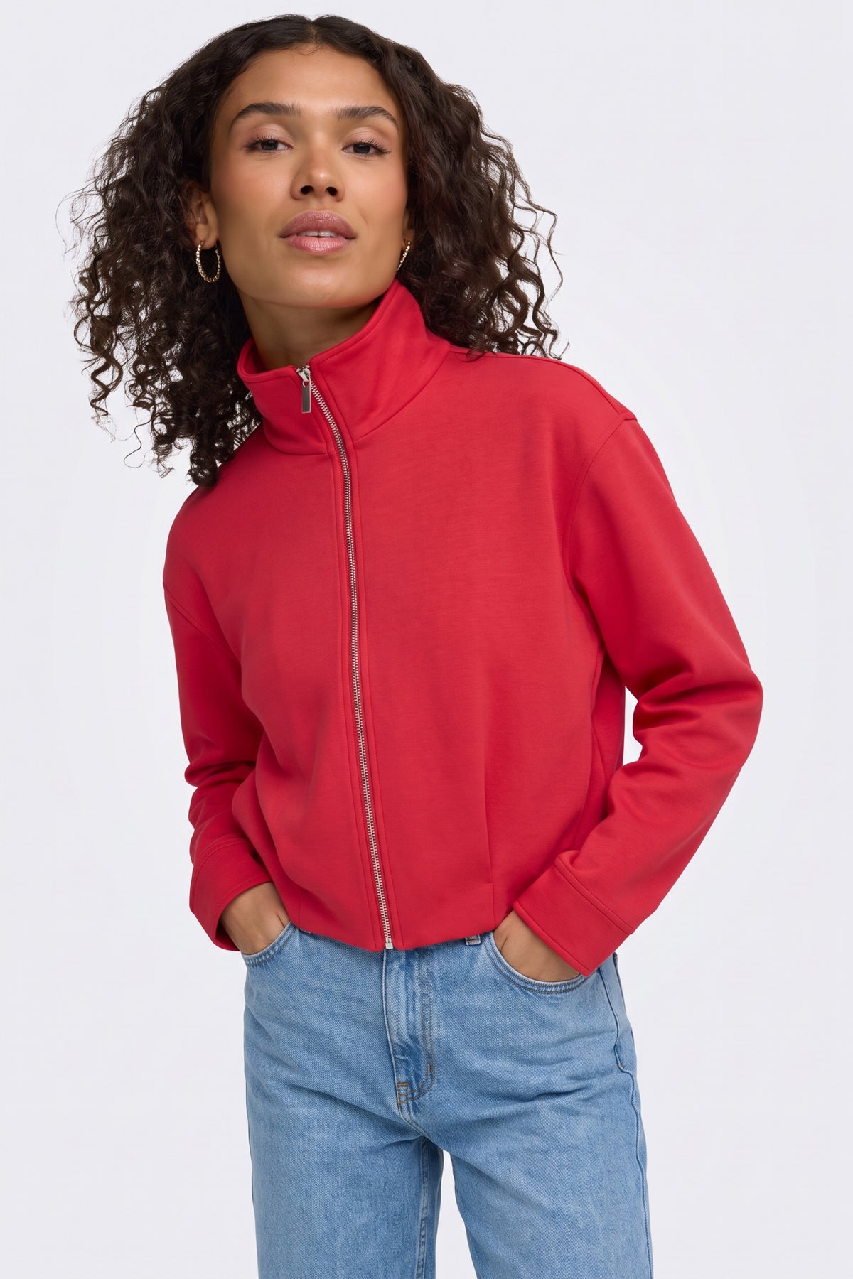 Red Zip Jacket Funnel Neck Cropped worn on model