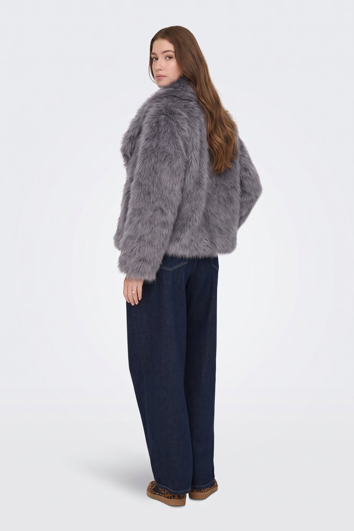 Faux Fur Jacket Grey Cropped Oversized Women