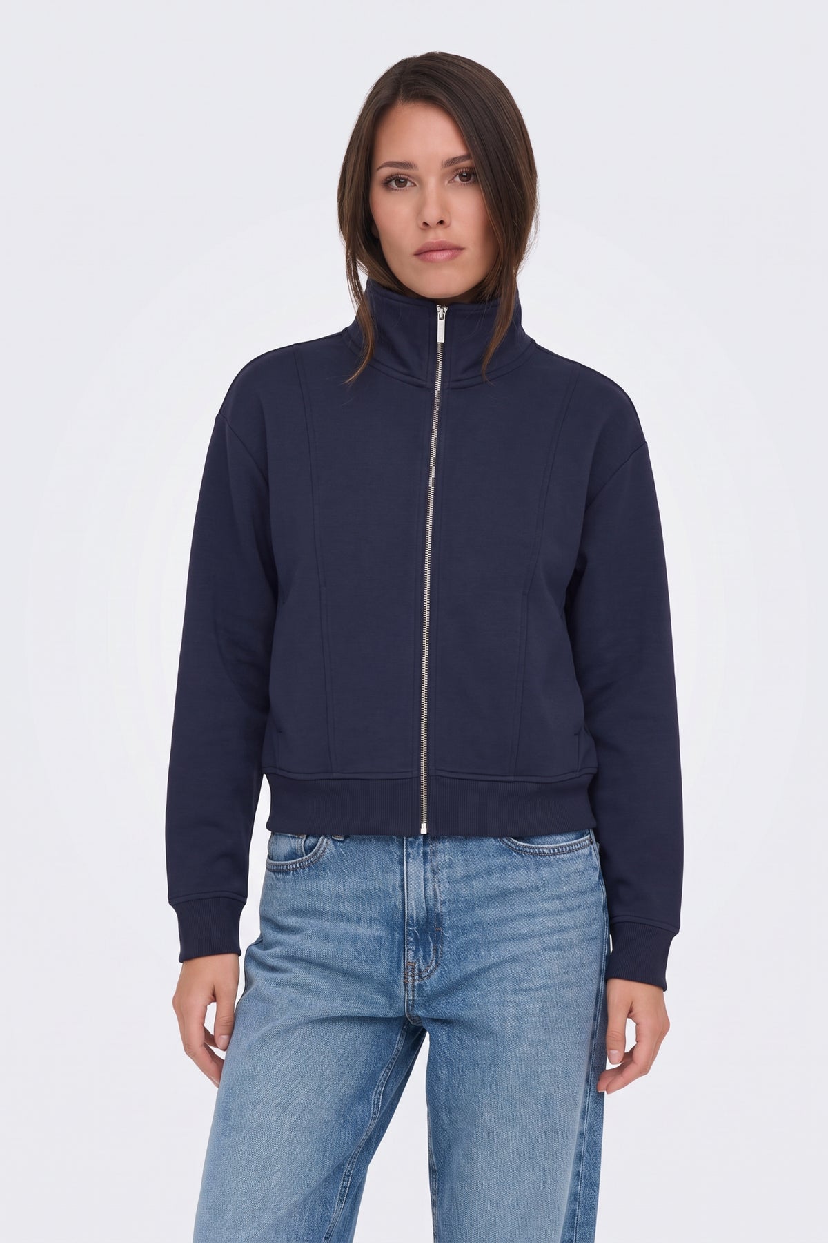 Navy Zip Jacket Funnel Neck Cropped on model, front view