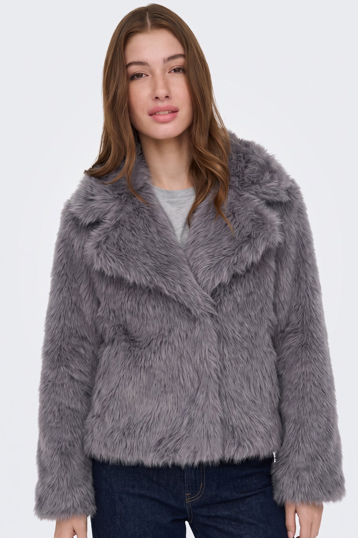 Faux Fur Jacket Grey Cropped Oversized Women