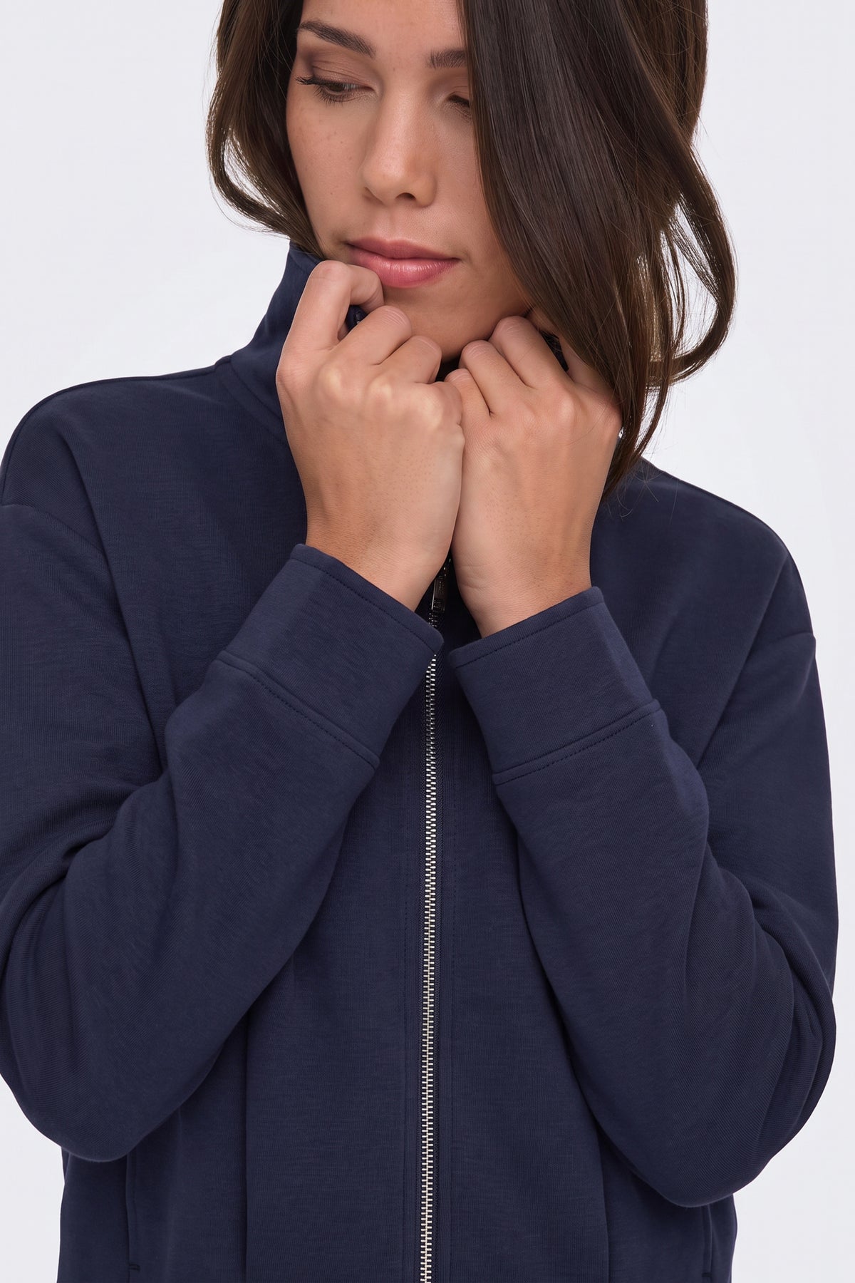 Navy Zip Jacket Funnel Neck Cropped fabric and fastening detail