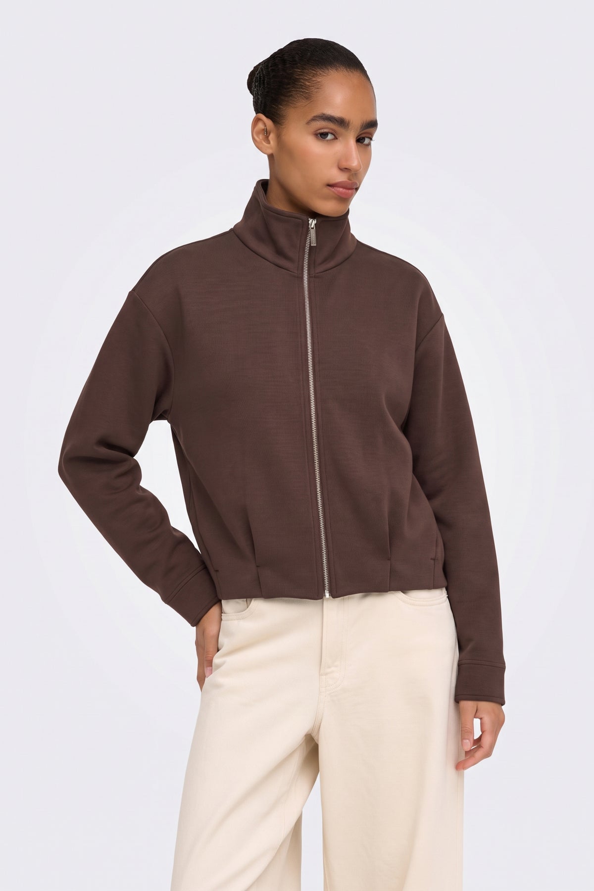 Brown Zip Jacket Funnel Neck Cropped on model, front view