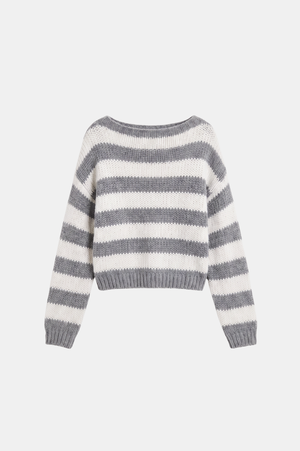 Grey striped jumper cropped boat neck women, front