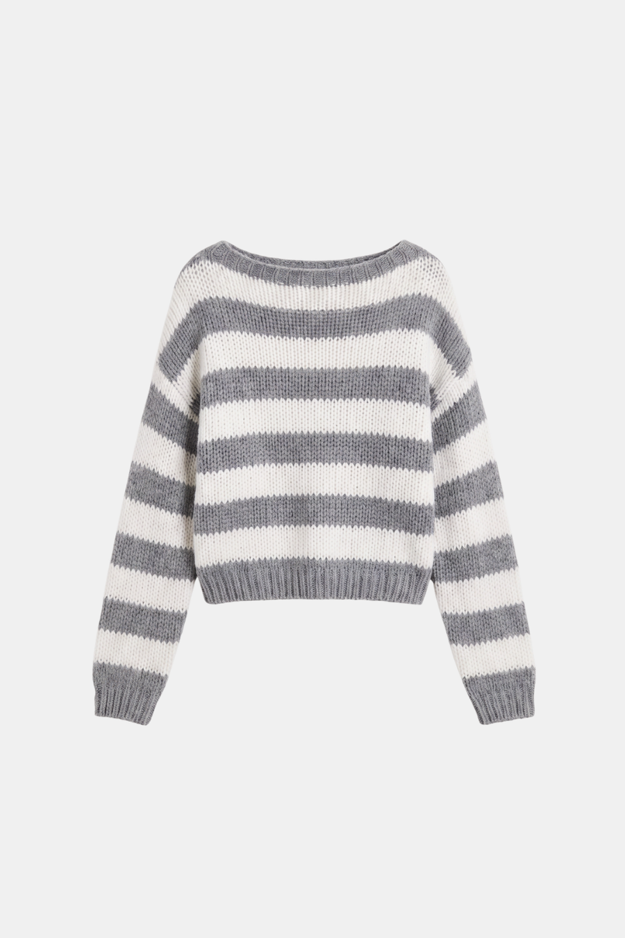 Grey striped jumper cropped boat neck women, front