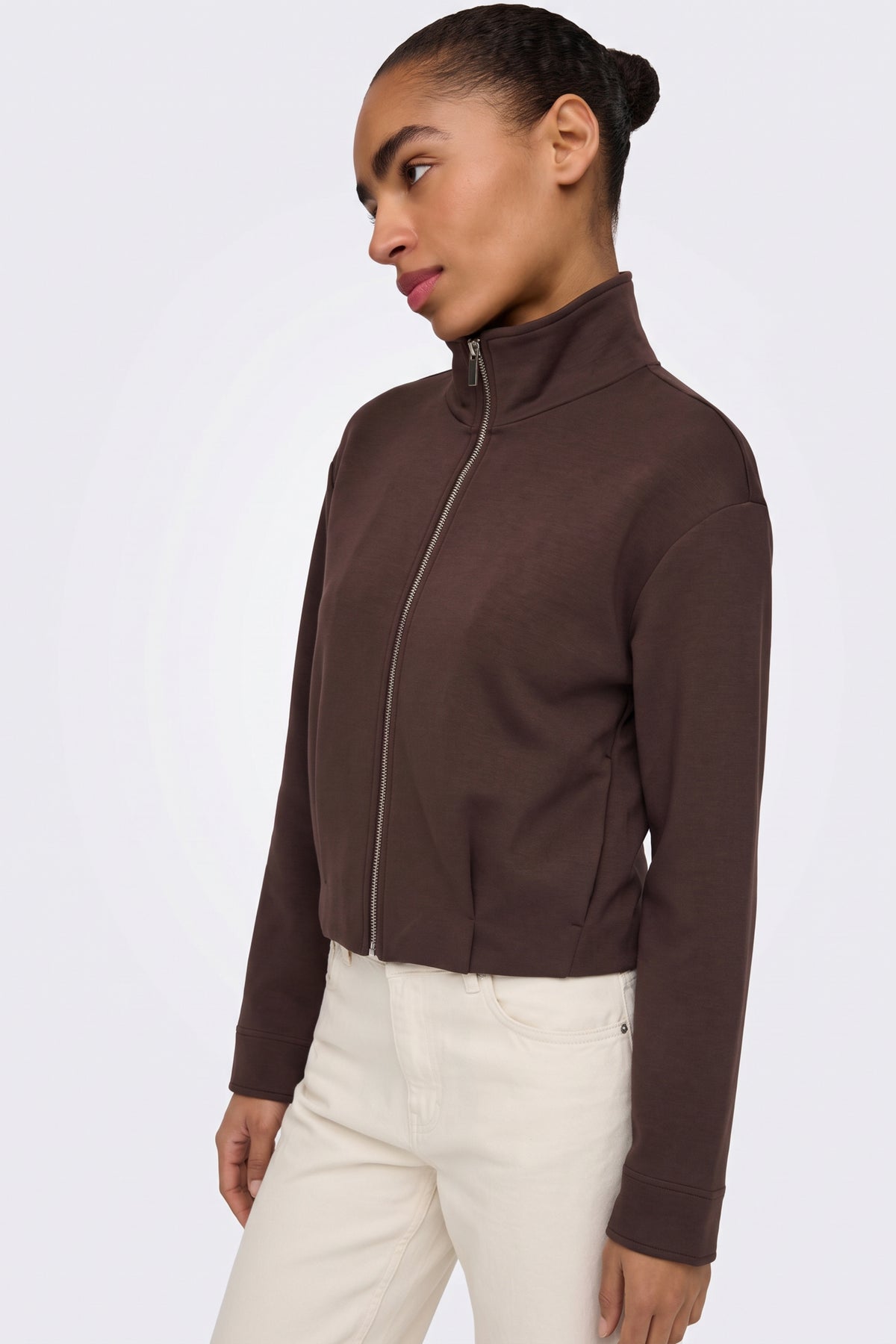 Brown Zip Jacket Funnel Neck Cropped worn on model
