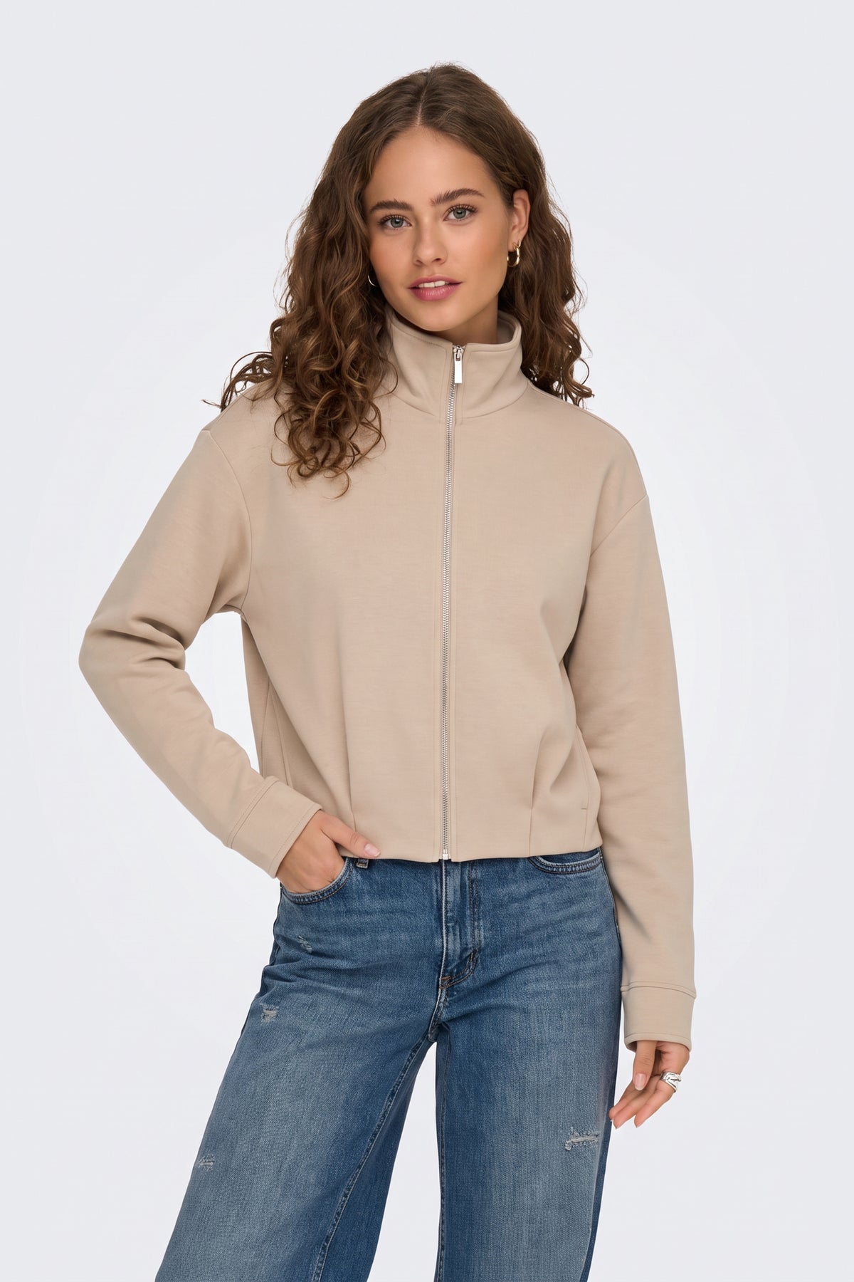 Beige Zip Jacket Funnel Neck Cropped on model, front view