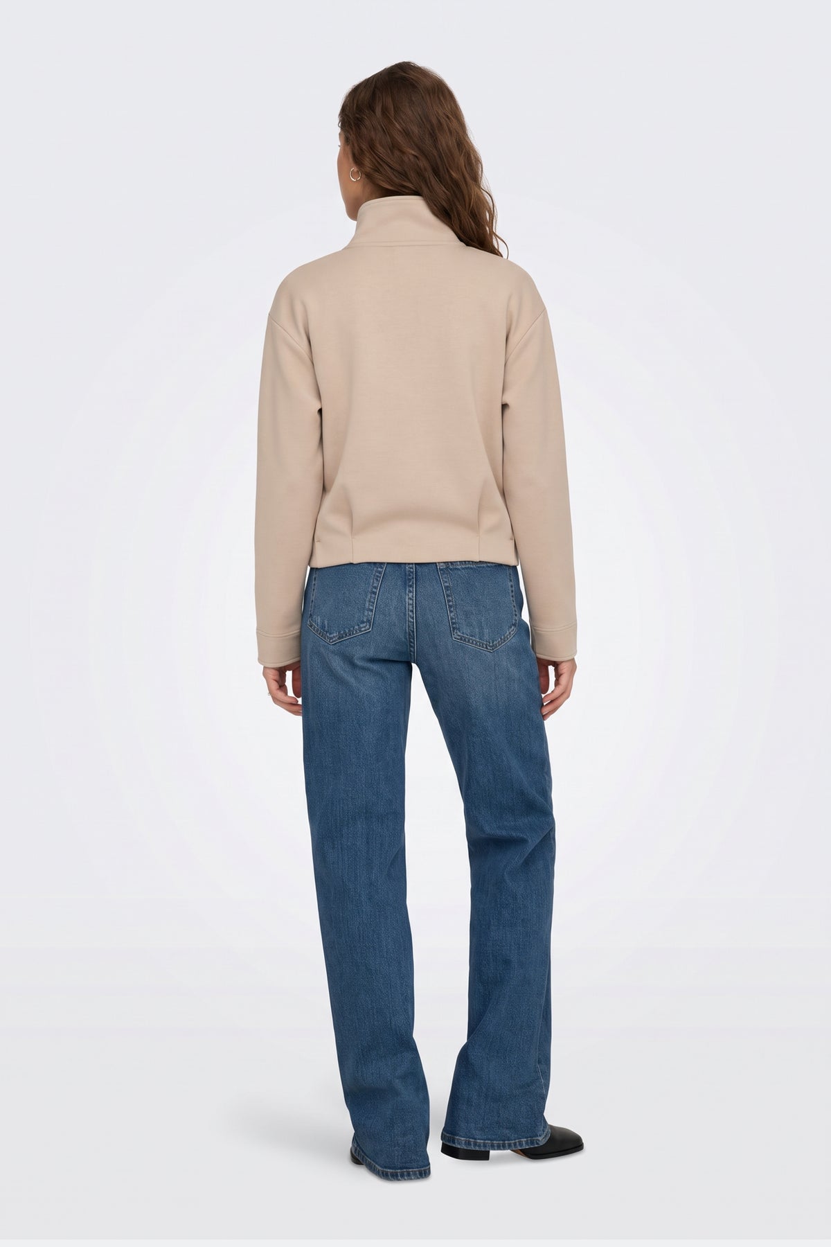 Beige Zip Jacket Funnel Neck Cropped side view on model
