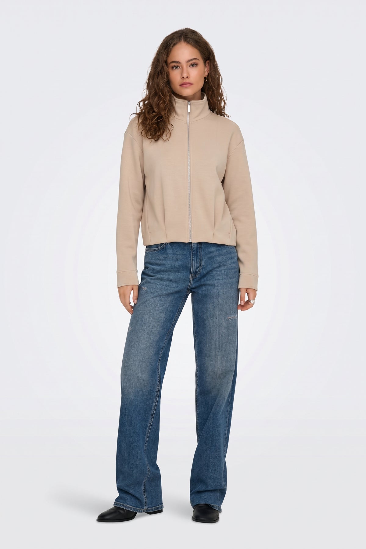 Beige Zip Jacket Funnel Neck Cropped full length on model