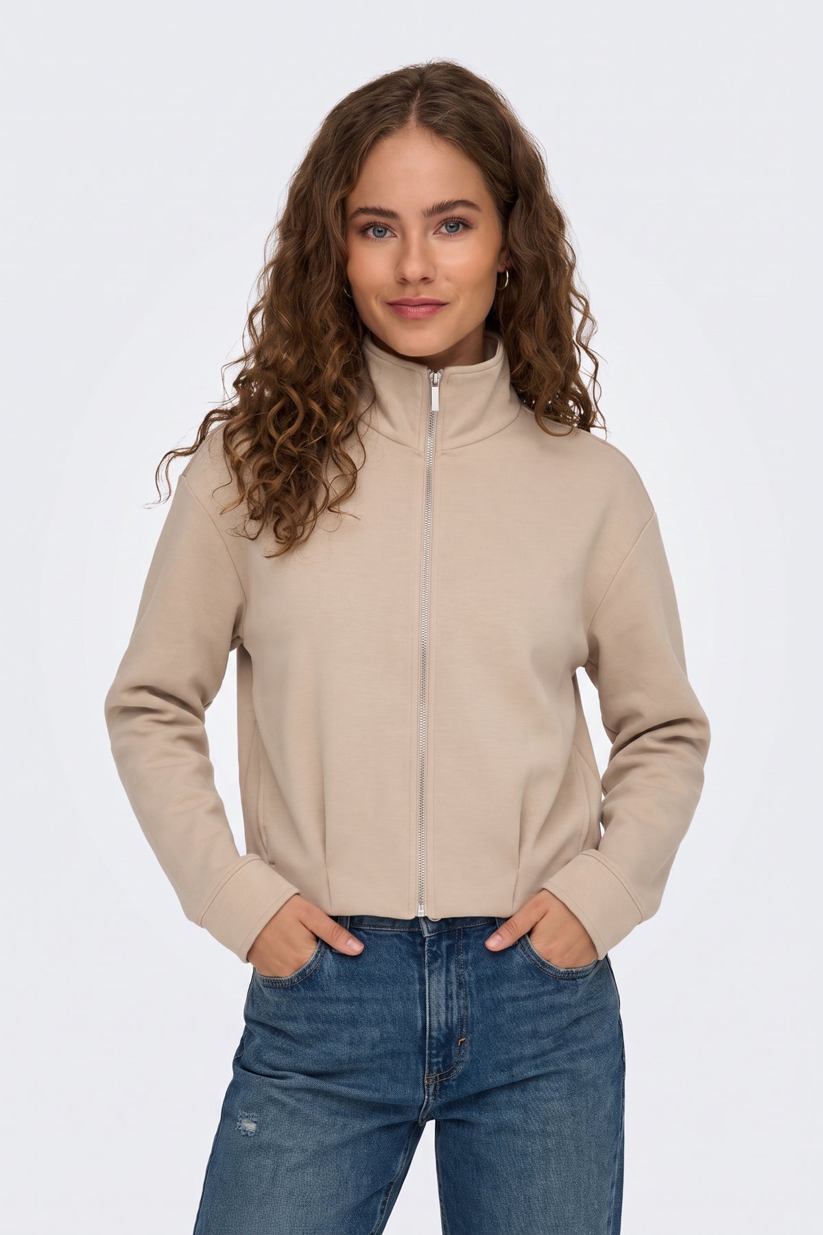 Beige Zip Jacket Funnel Neck Cropped worn on model
