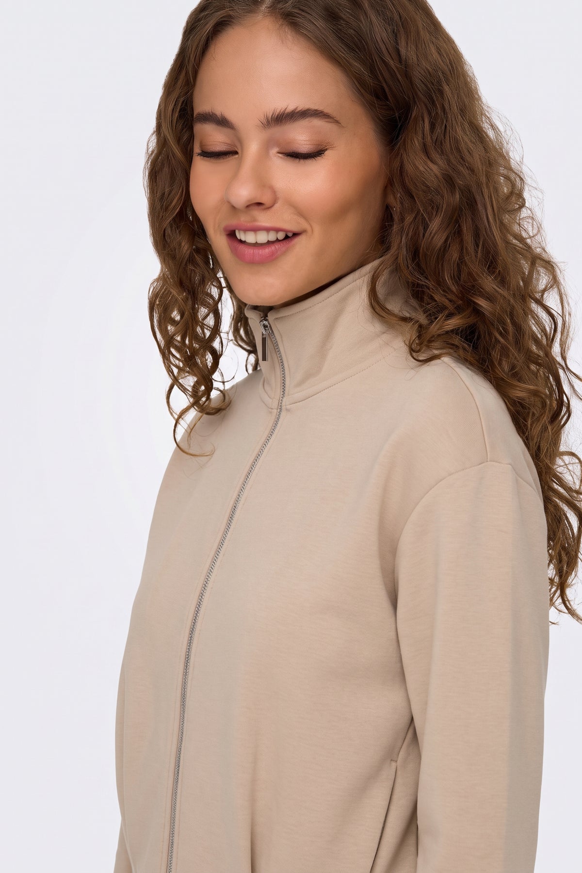 Beige Zip Jacket Funnel Neck Cropped fabric and fastening detail