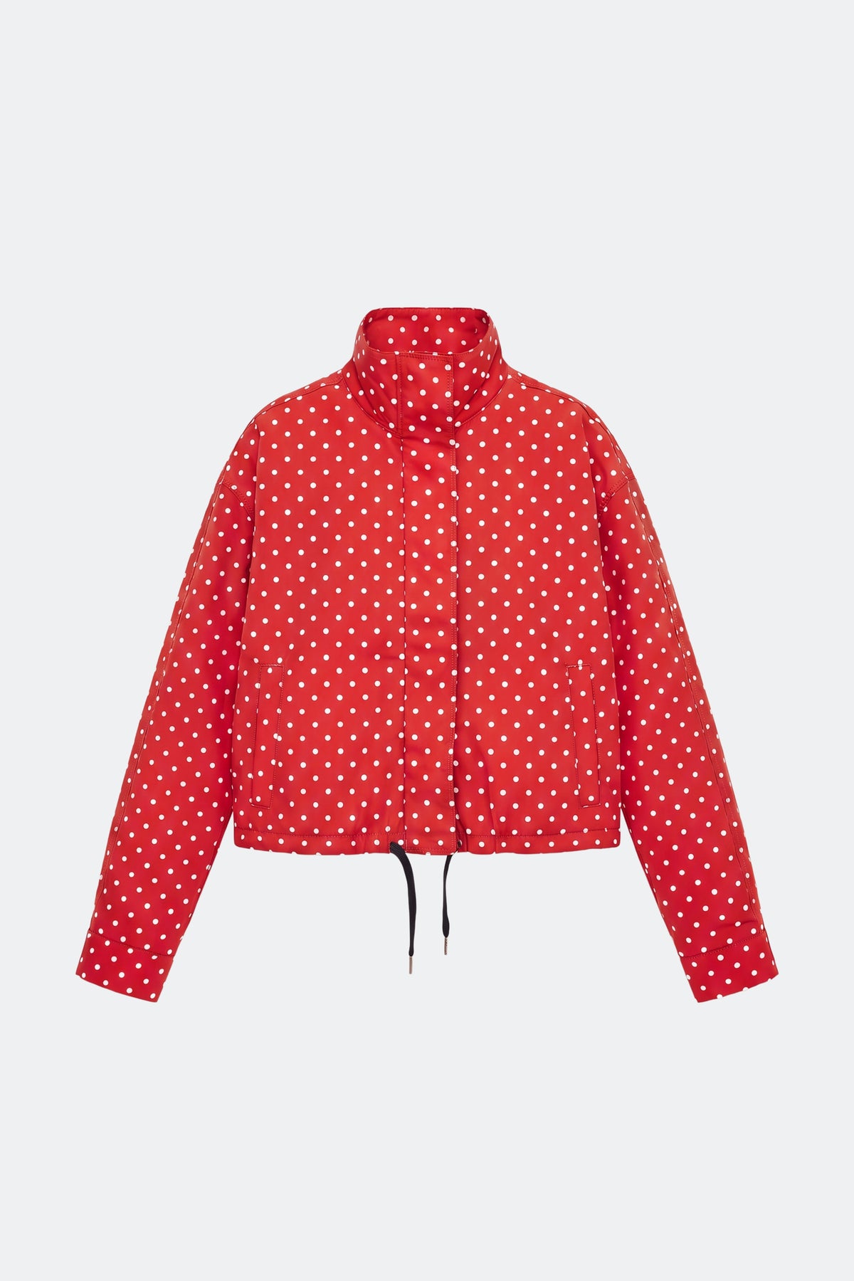 Red puffer jacket polka dot cropped women, front