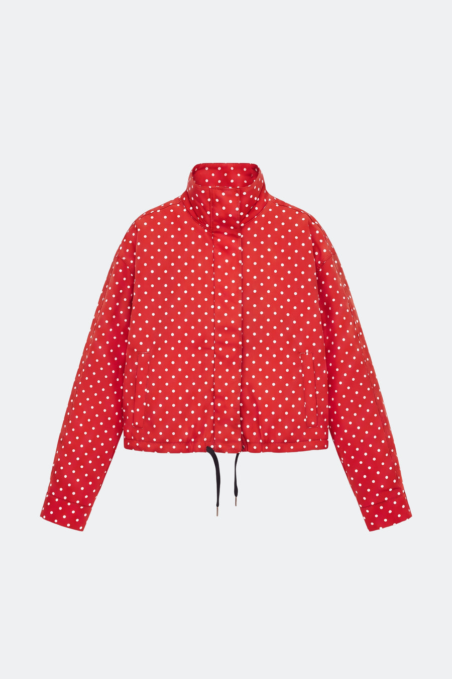 Red puffer jacket polka dot cropped women, front