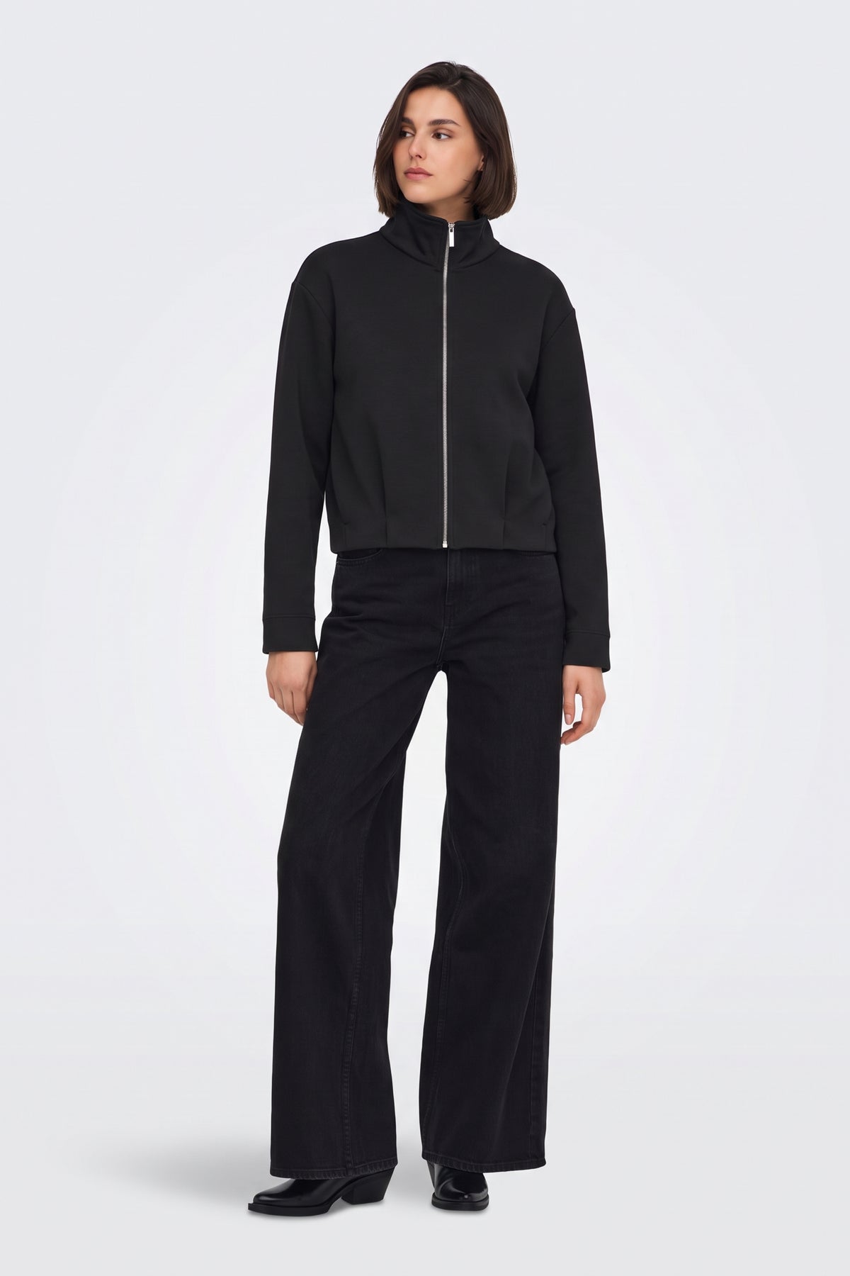 Black Zip Jacket Funnel Neck Cropped full length on model