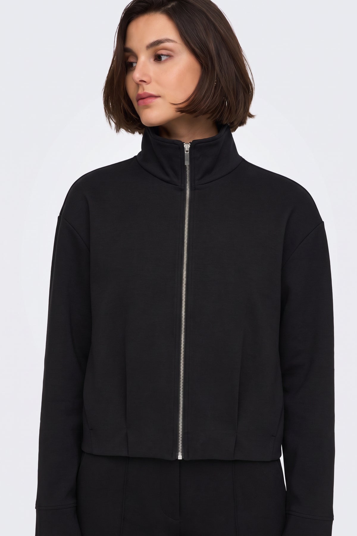 Black Zip Jacket Funnel Neck Cropped fabric and fastening detail
