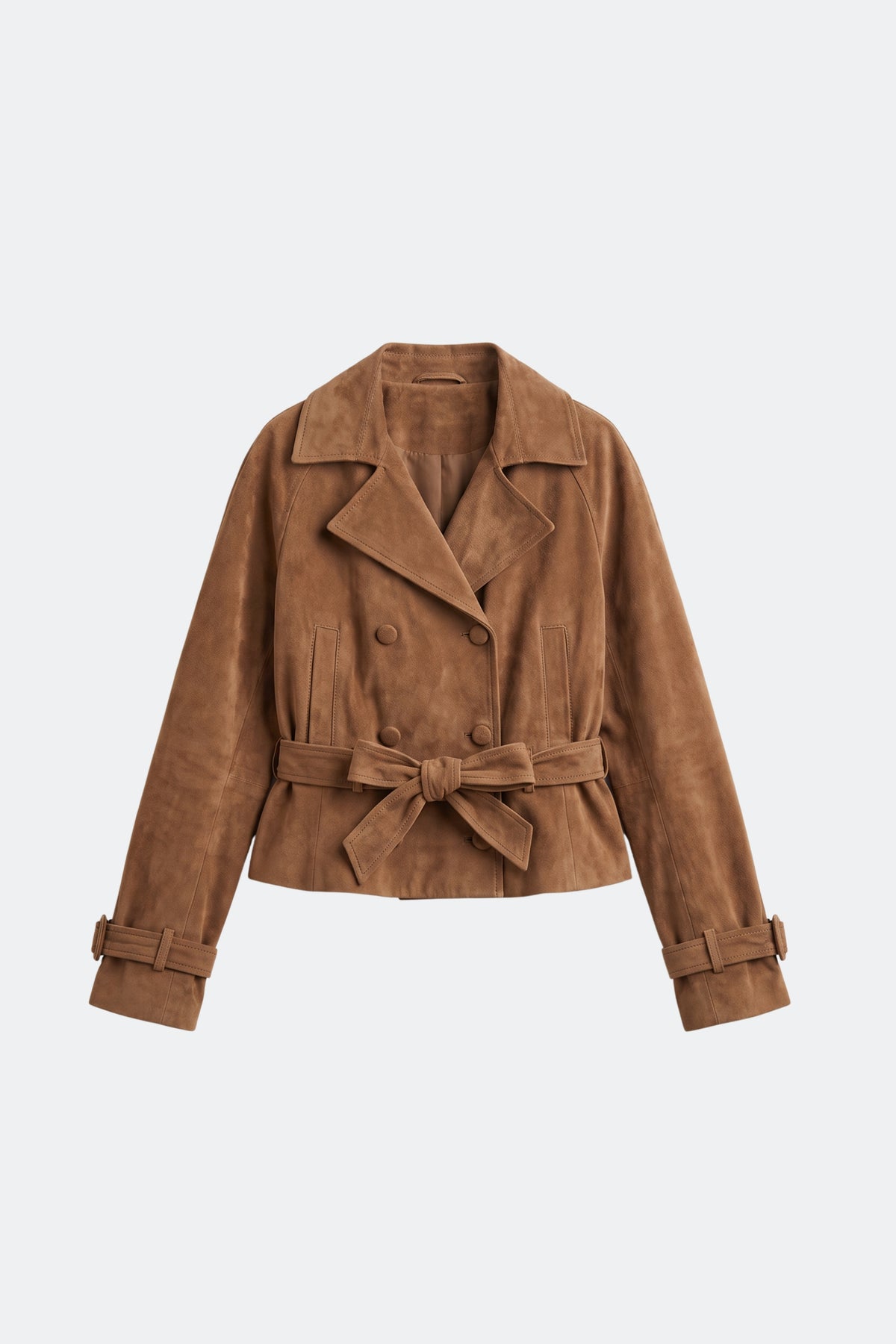Faux Suede Jacket Tan Belted Double Breasted, front
