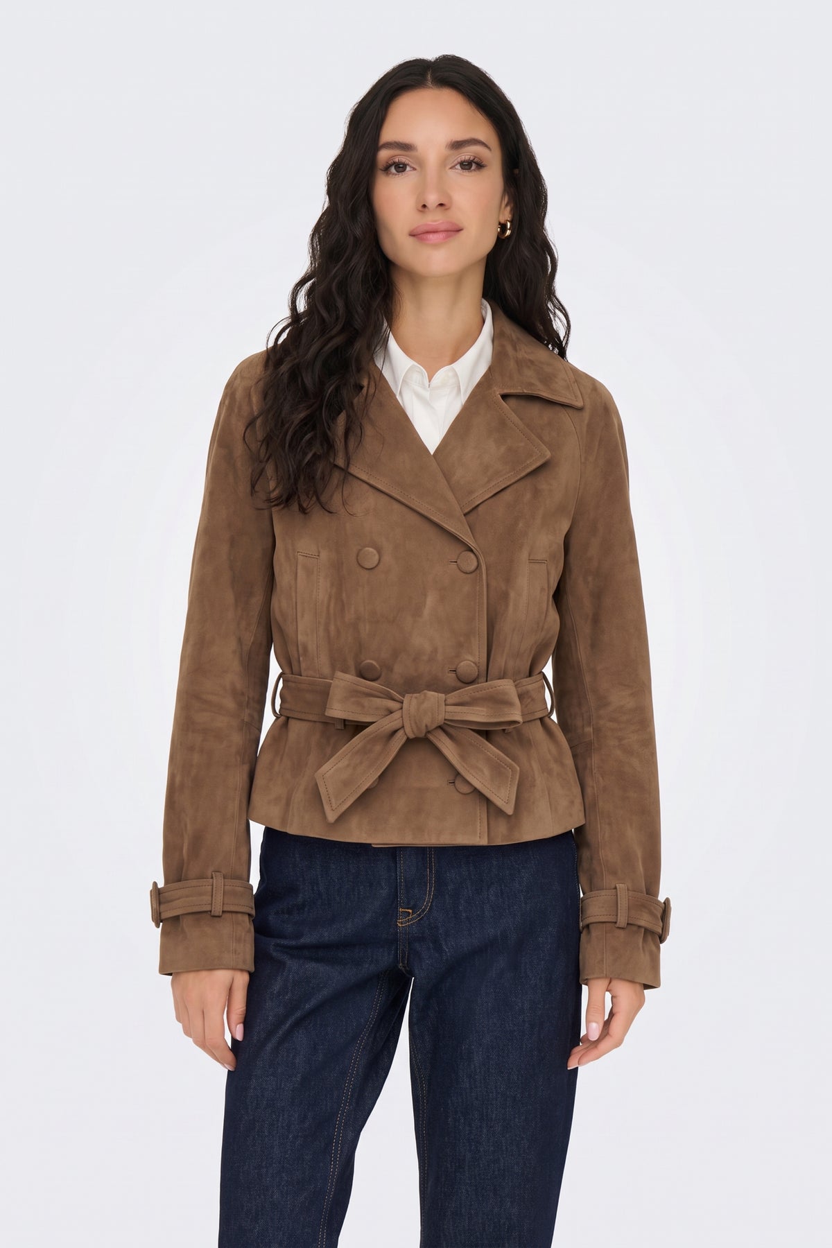 Faux Suede Jacket Tan Belted Double Breasted on model, front view