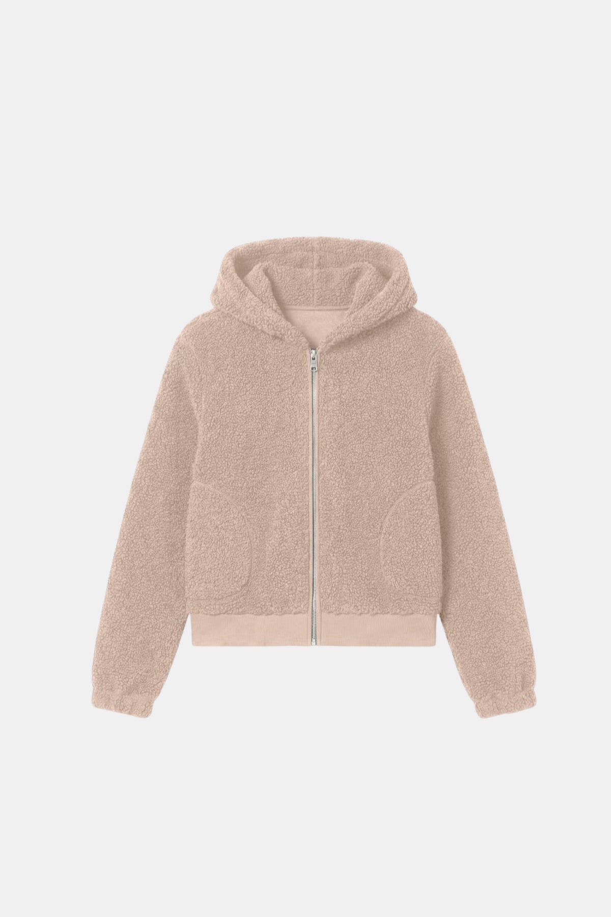 Teddy Fleece Jacket Beige Hooded Zip Women