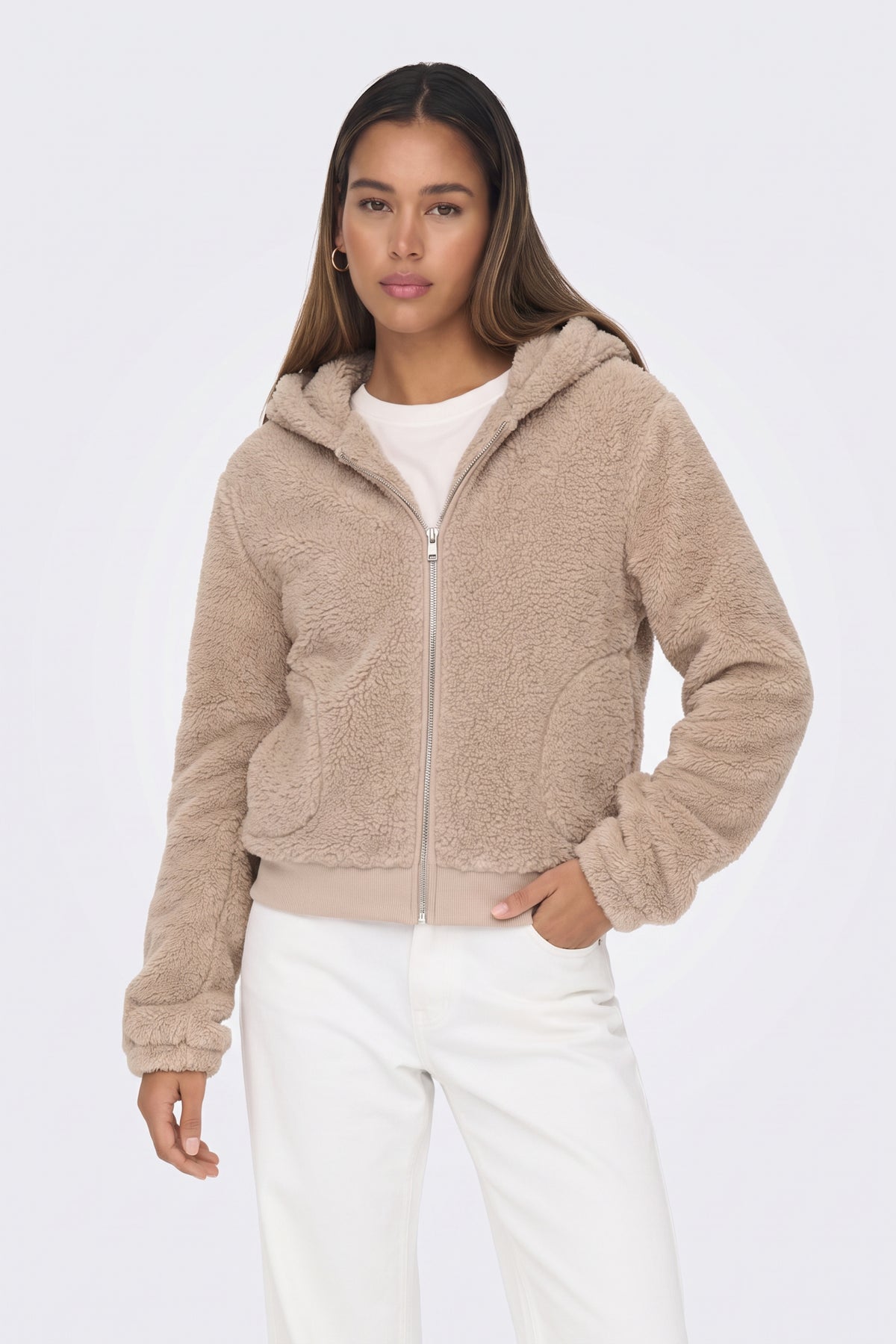 Teddy Fleece Jacket Beige Hooded Zip Women