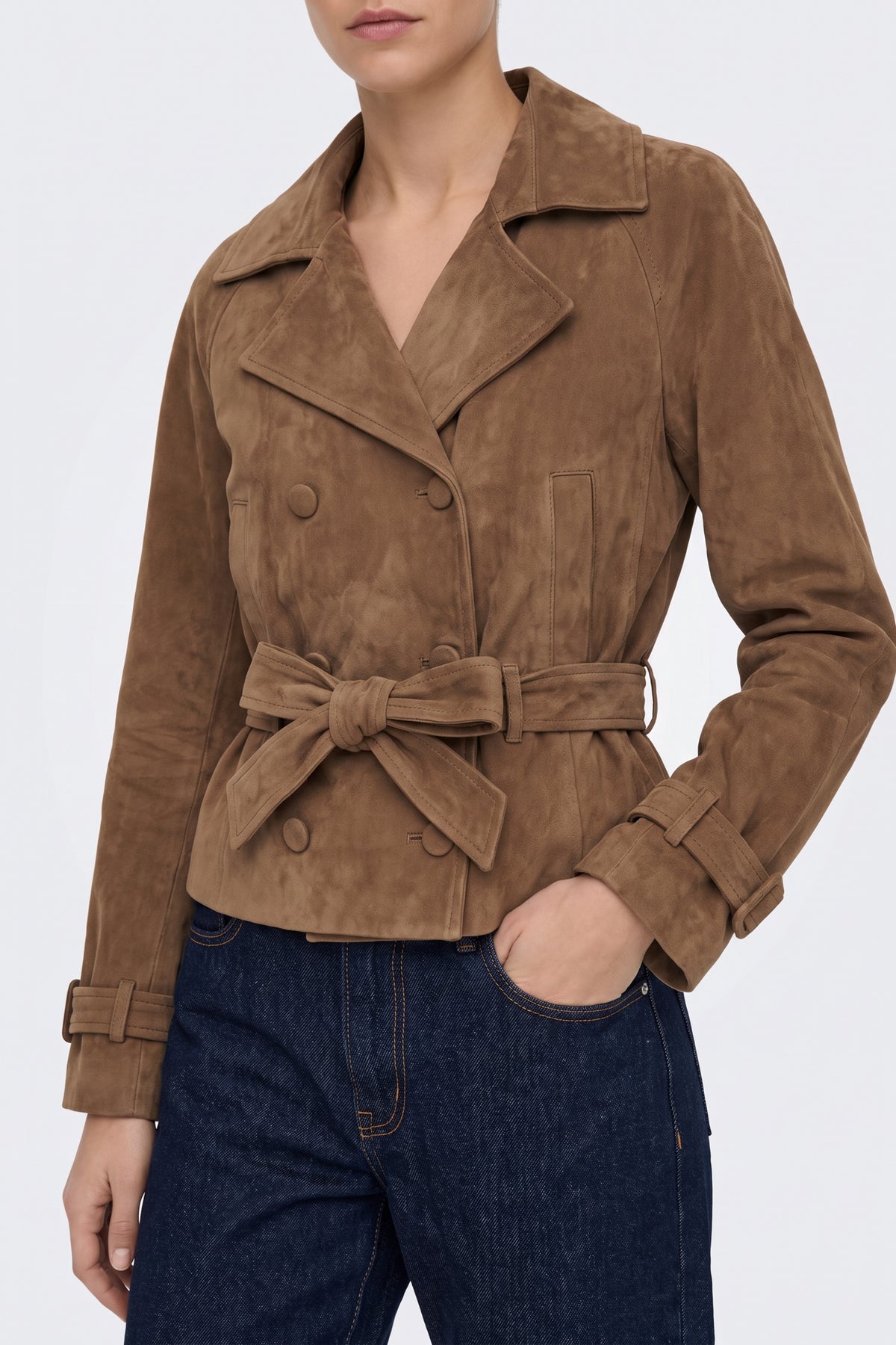 Faux Suede Jacket Tan Belted Double Breasted fabric and fastening detail