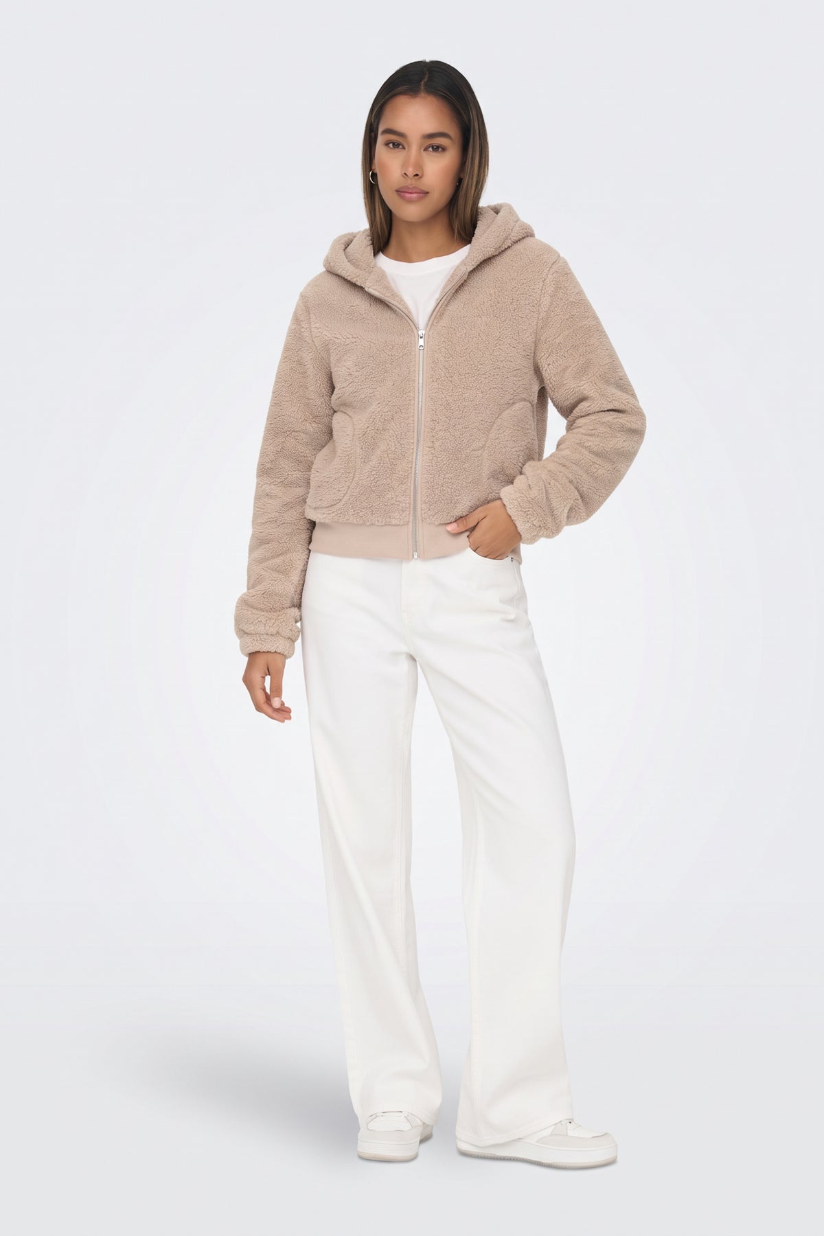 Teddy Fleece Jacket Beige Hooded Zip Women