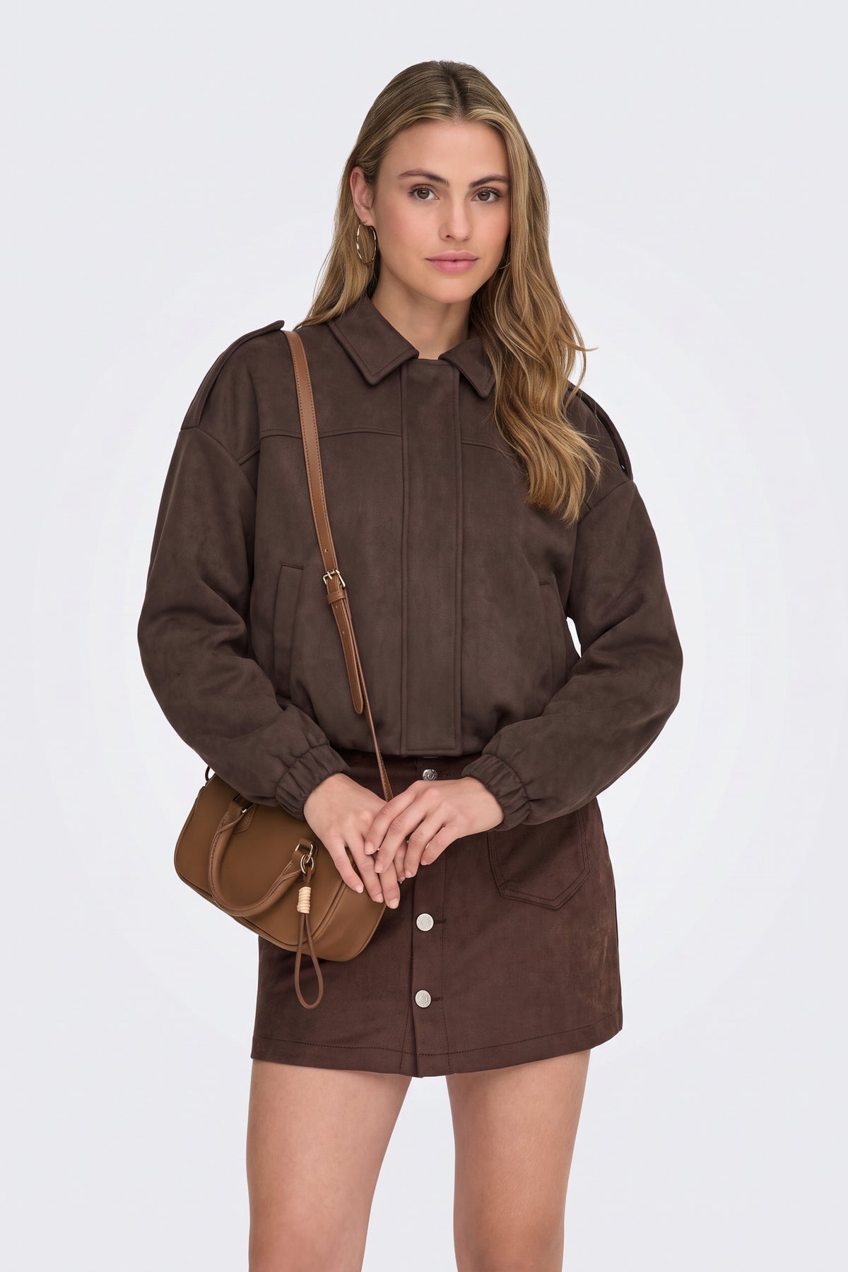 Faux Suede Jacket Brown Collar Bomber on model, front view