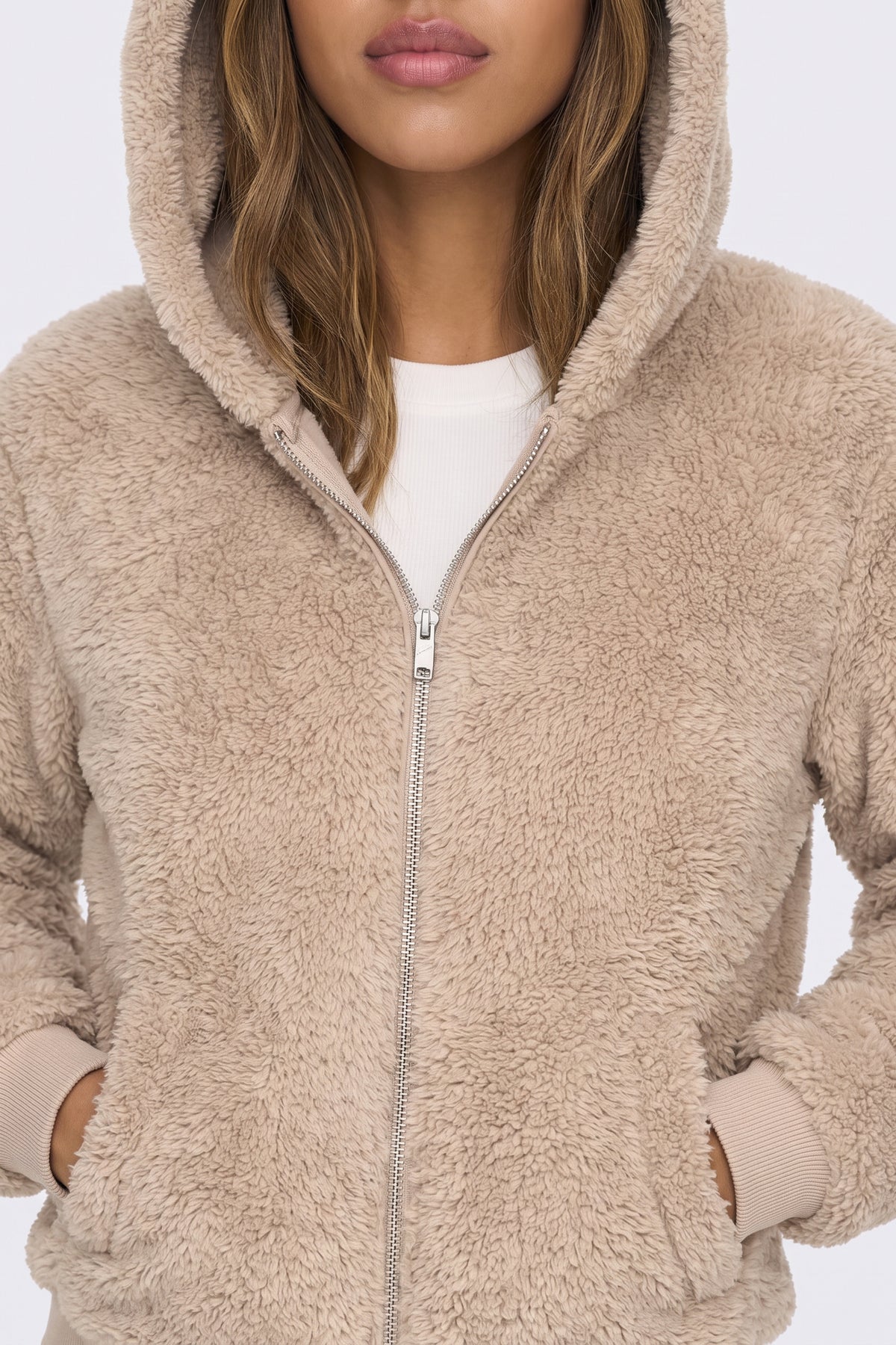 Teddy Fleece Jacket Beige Hooded Zip Women