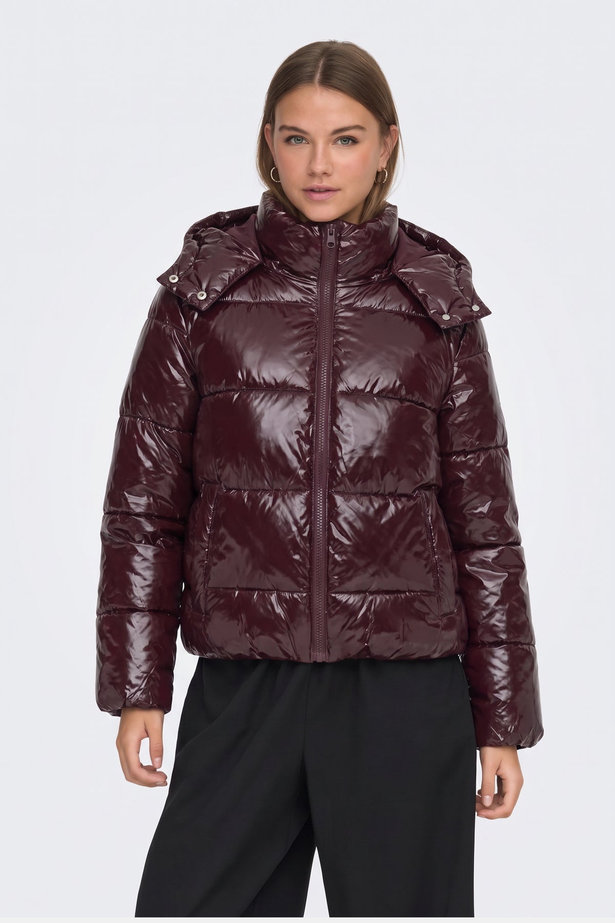 Black Puffer Jacket Shiny Hooded Short Women