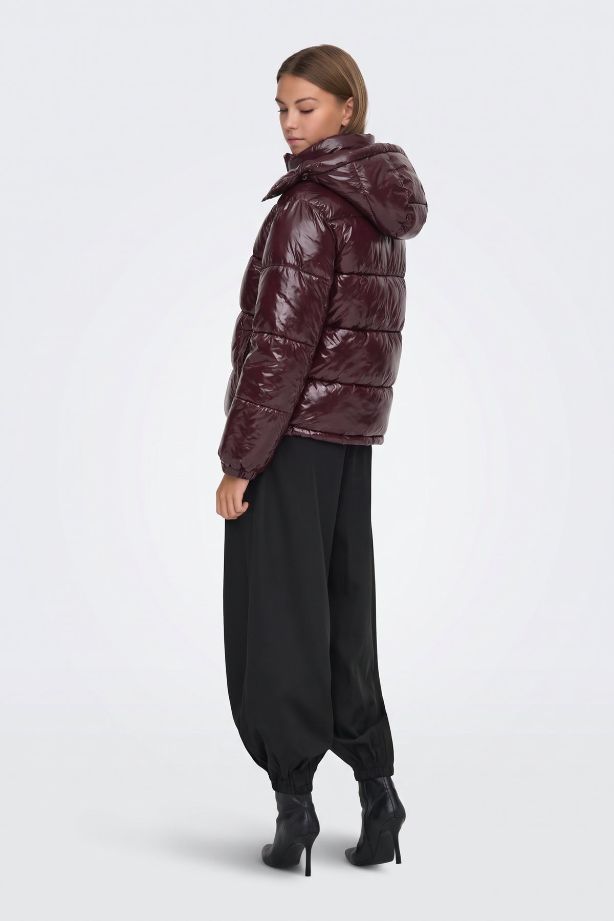 Black Puffer Jacket Shiny Hooded Short Women