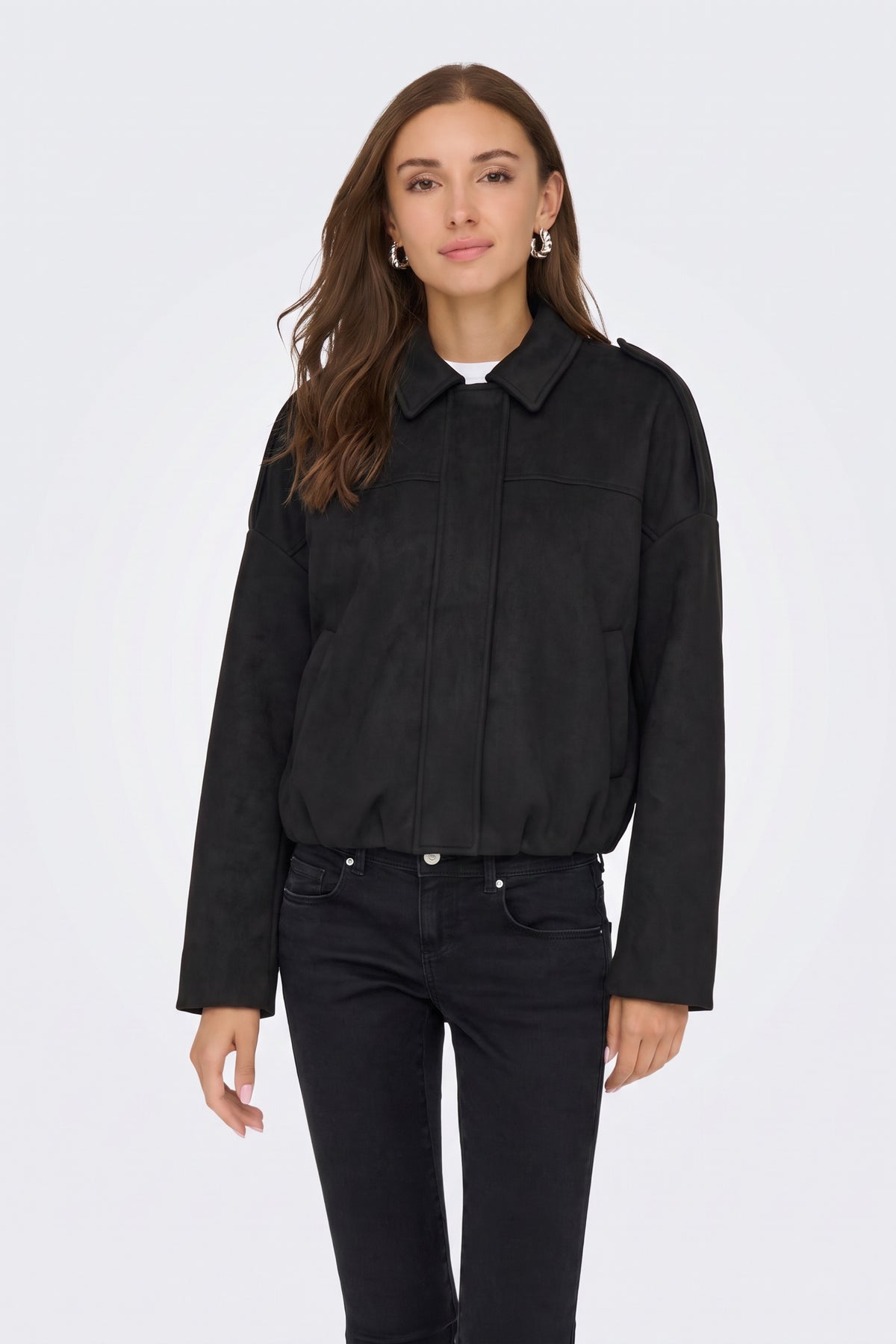 Faux Suede Jacket Black Collar Bomber on model, front view