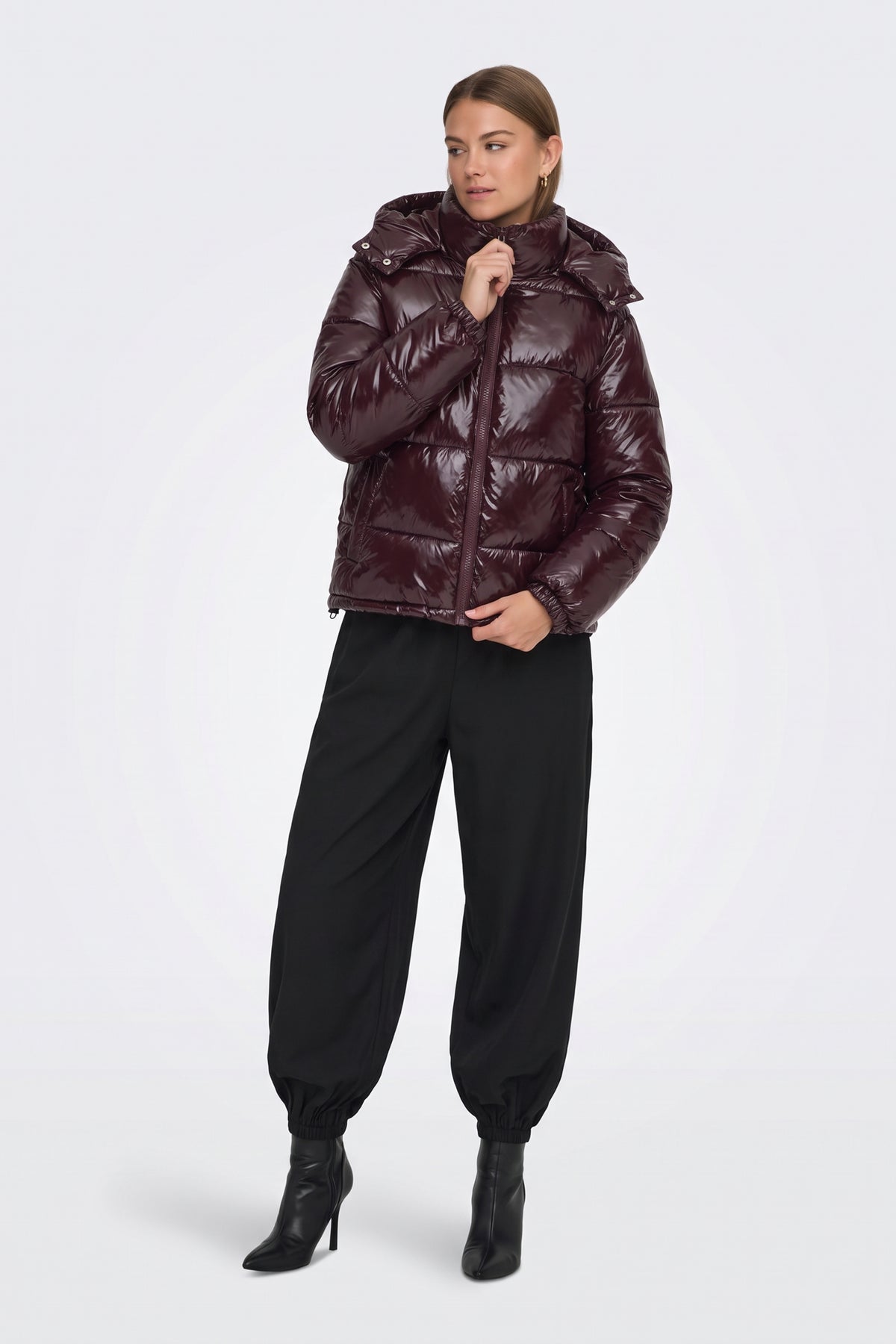 Black Puffer Jacket Shiny Hooded Short Women