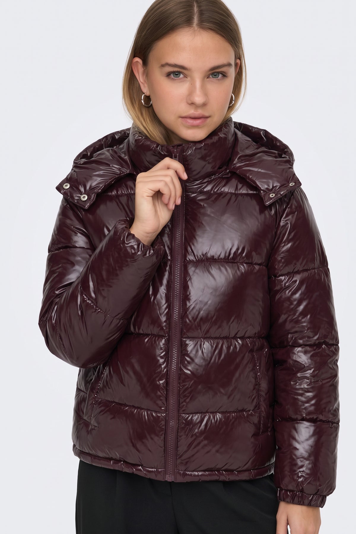 Black Puffer Jacket Shiny Hooded Short Women