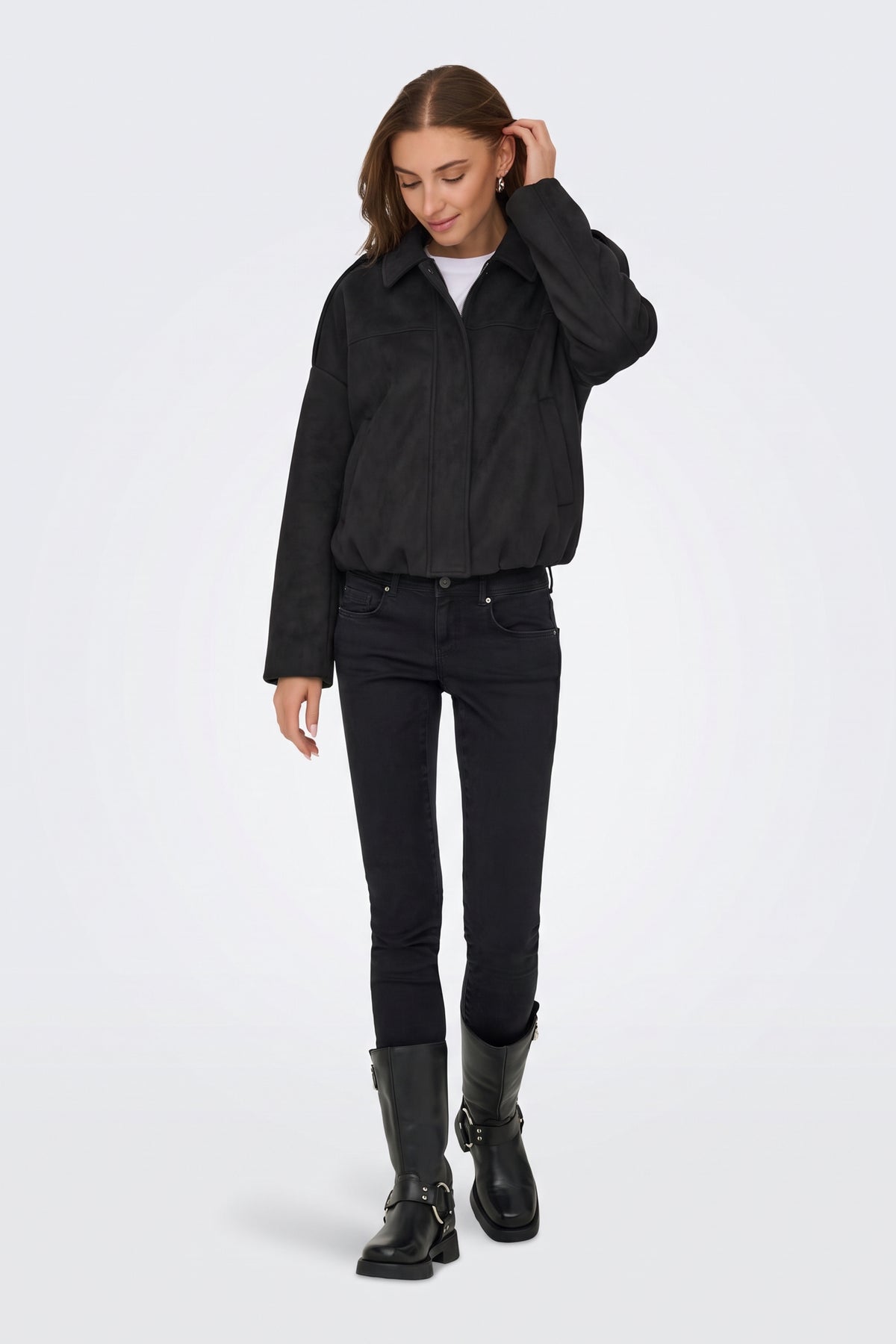 Faux Suede Jacket Black Collar Bomber full length on model