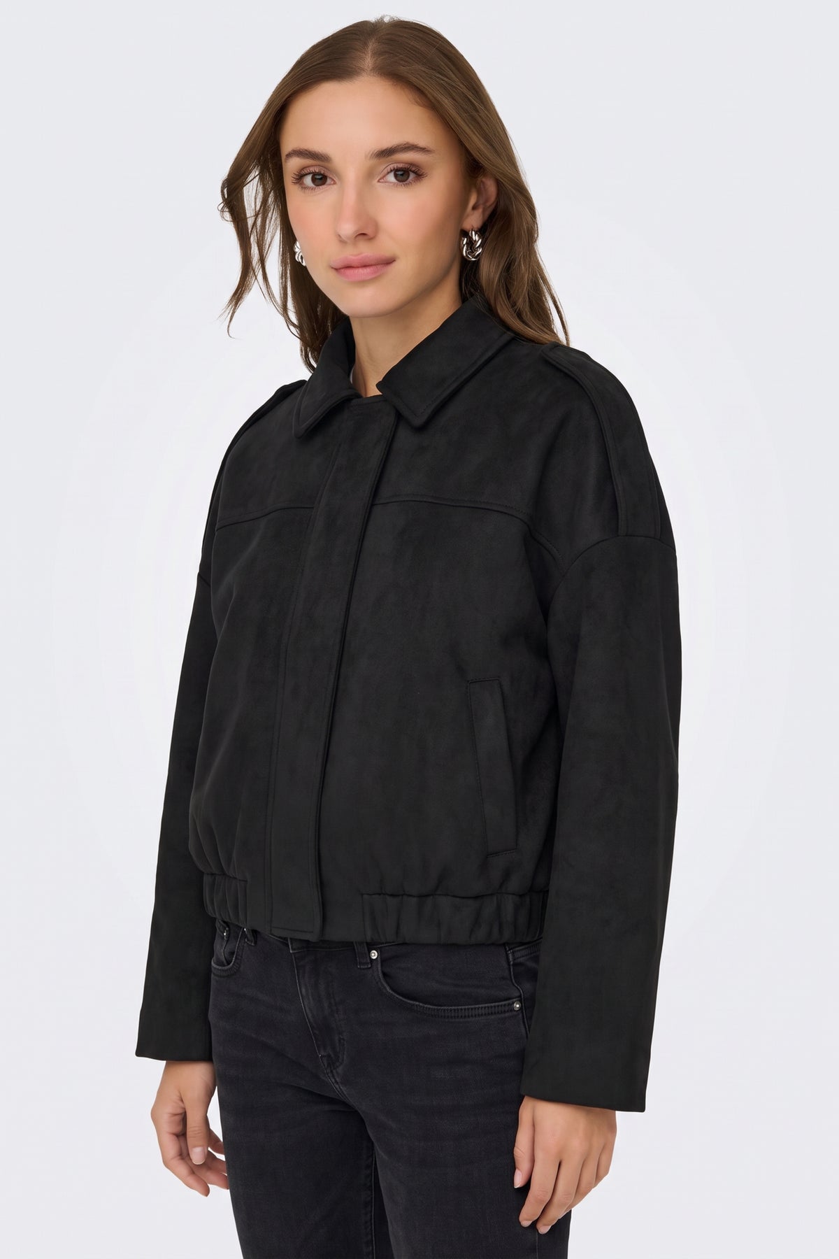 Faux Suede Jacket Black Collar Bomber worn on model