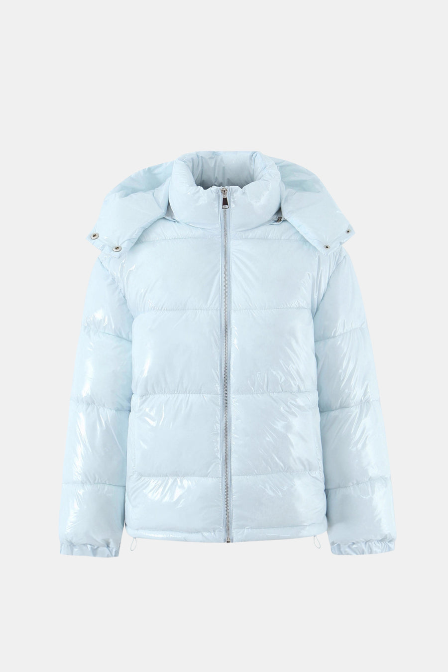 Light Blue Puffer Jacket Shiny Hooded Short Women