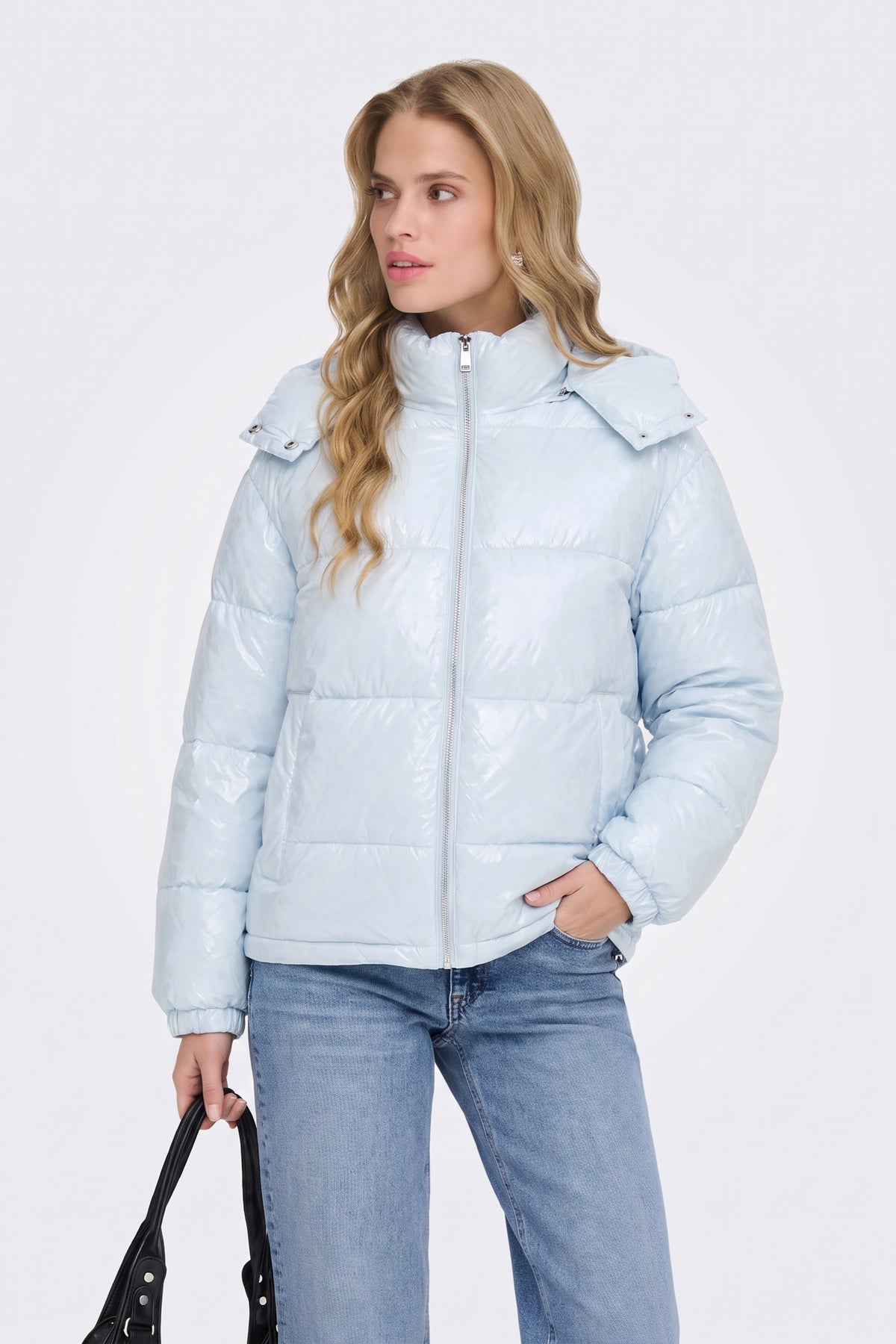 Light Blue Puffer Jacket Shiny Hooded Short Women