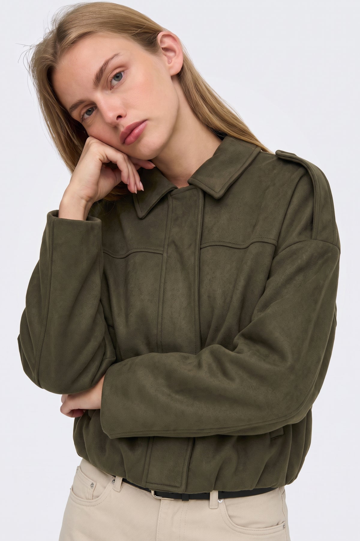 Faux Suede Jacket Khaki Collar Bomber worn on model