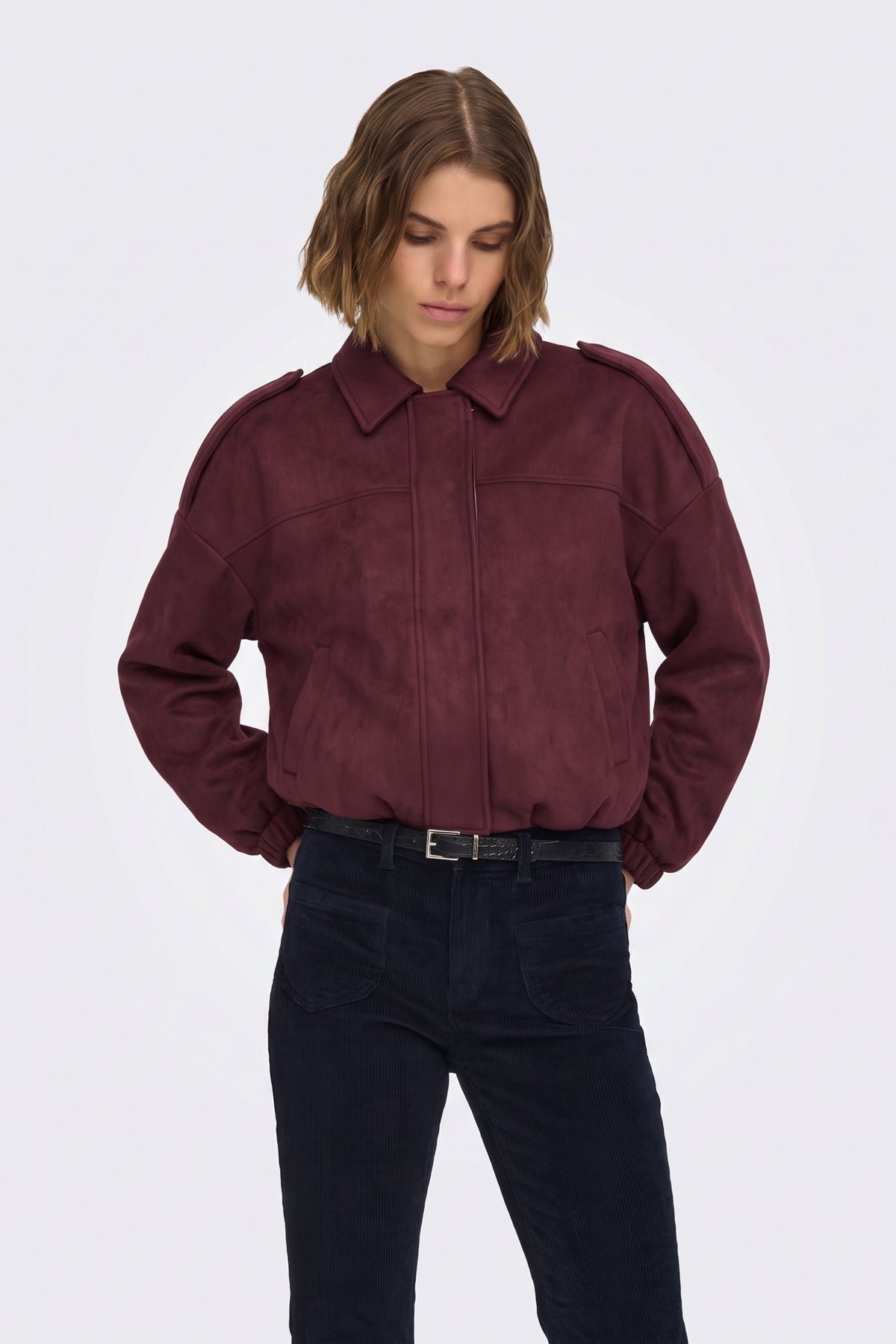 Faux Suede Jacket Burgundy Collar Bomber on model, front view