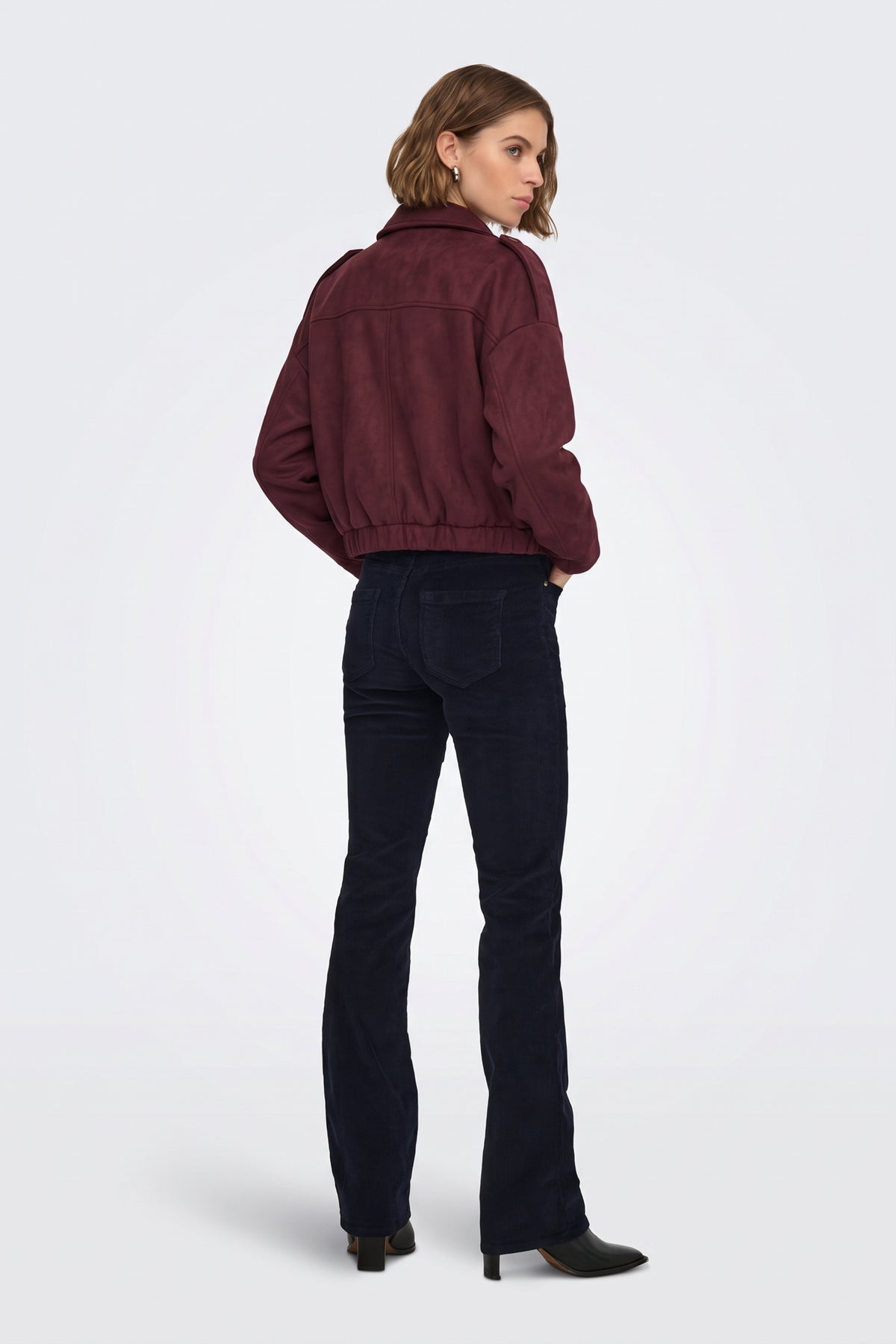 Faux Suede Jacket Burgundy Collar Bomber, back