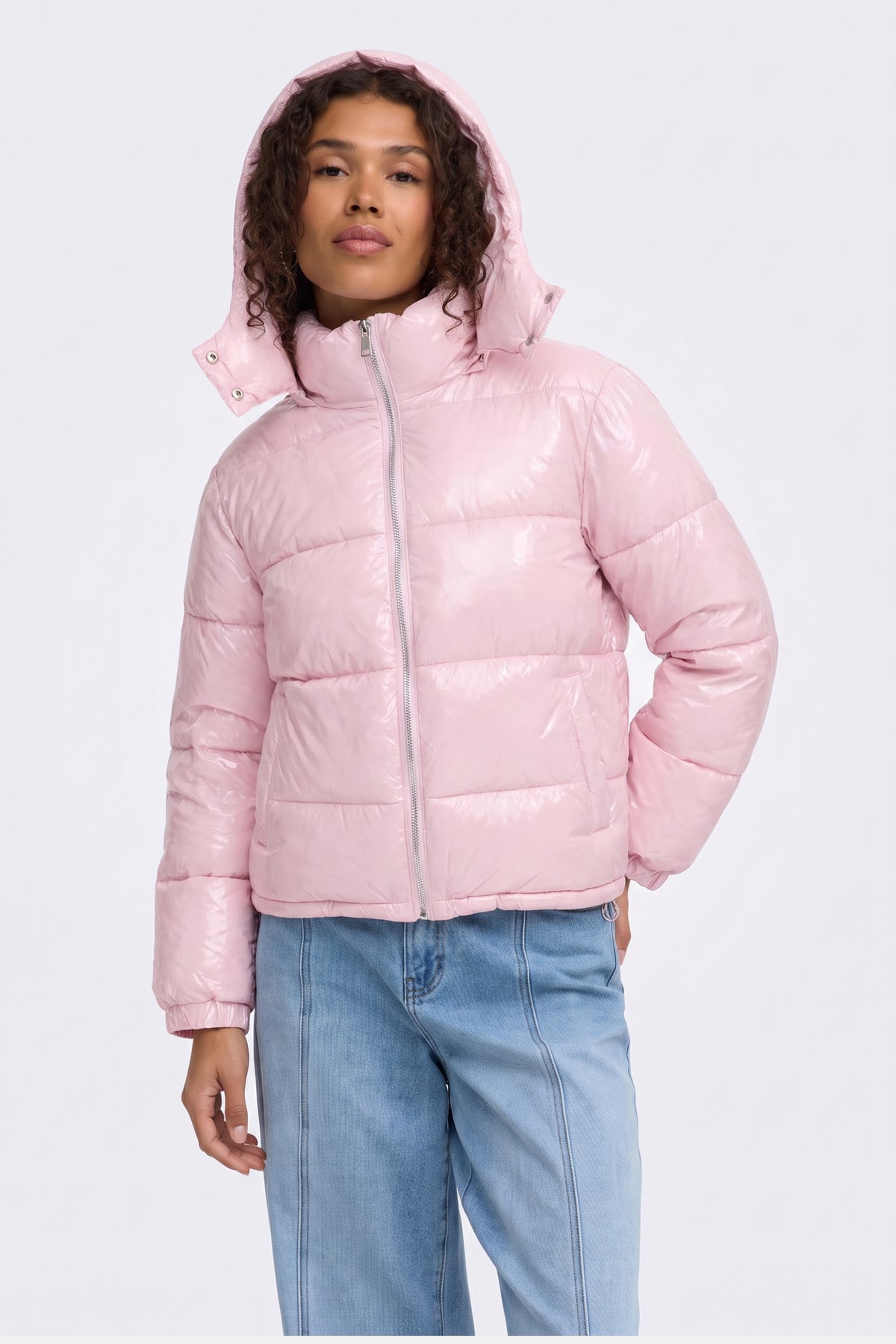 Pink Puffer Jacket Shiny Hooded Short Women