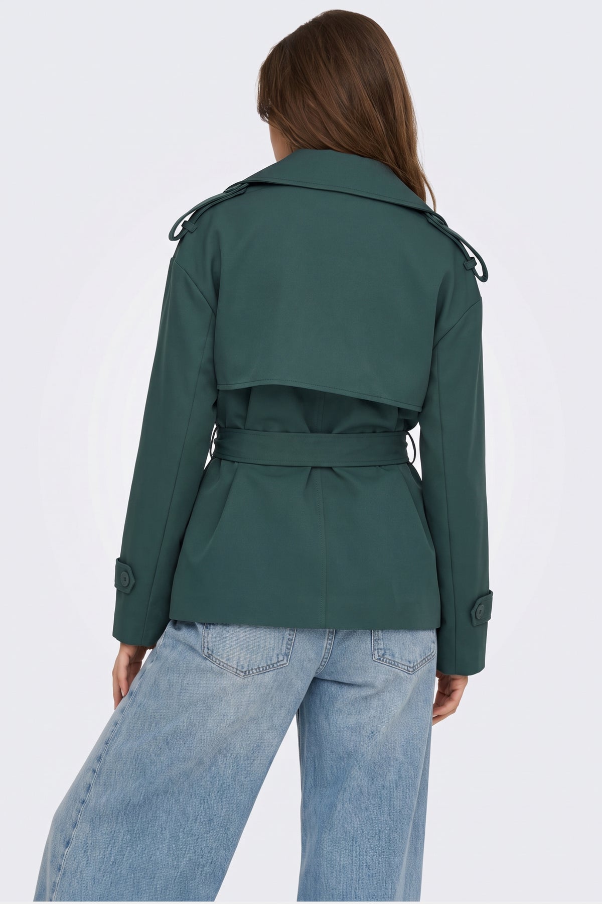 Green short trench jacket back view with storm flap