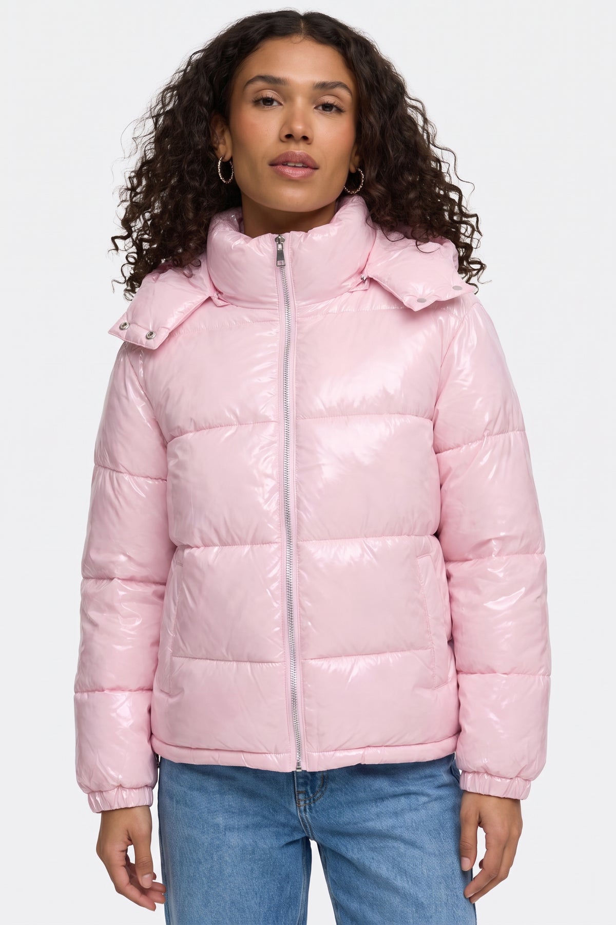 Pink Puffer Jacket Shiny Hooded Short Women