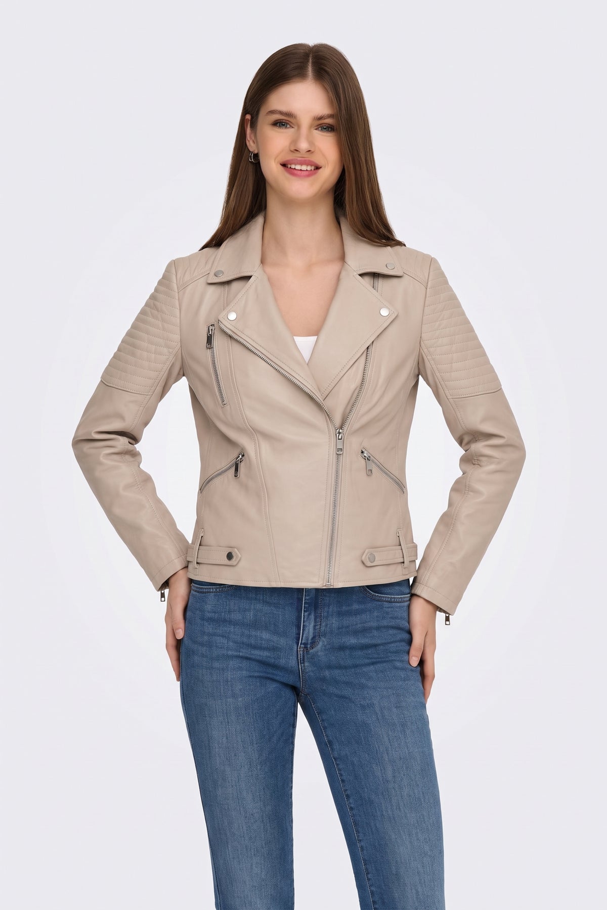 Faux Leather Jacket Beige Fitted Biker on model, front view