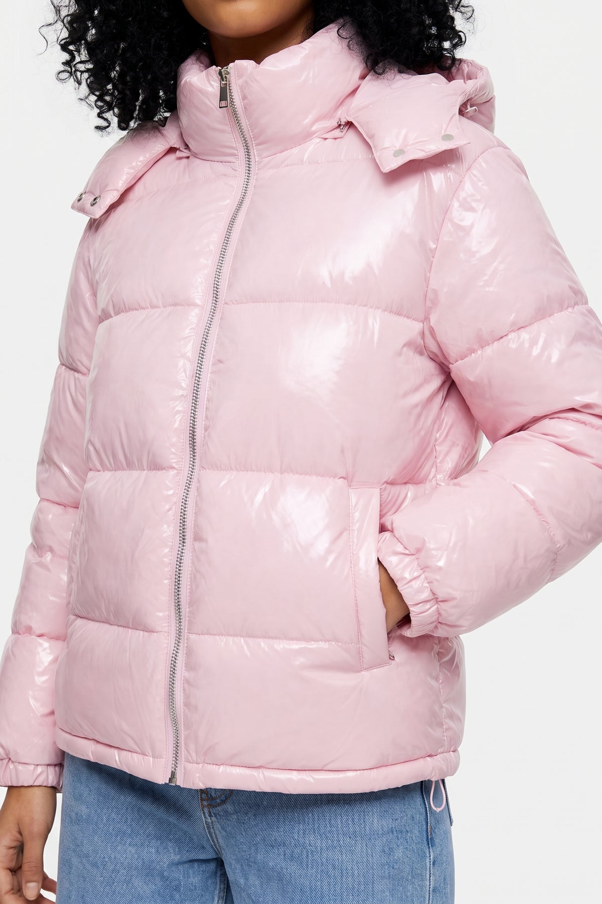 Pink Puffer Jacket Shiny Hooded Short Women