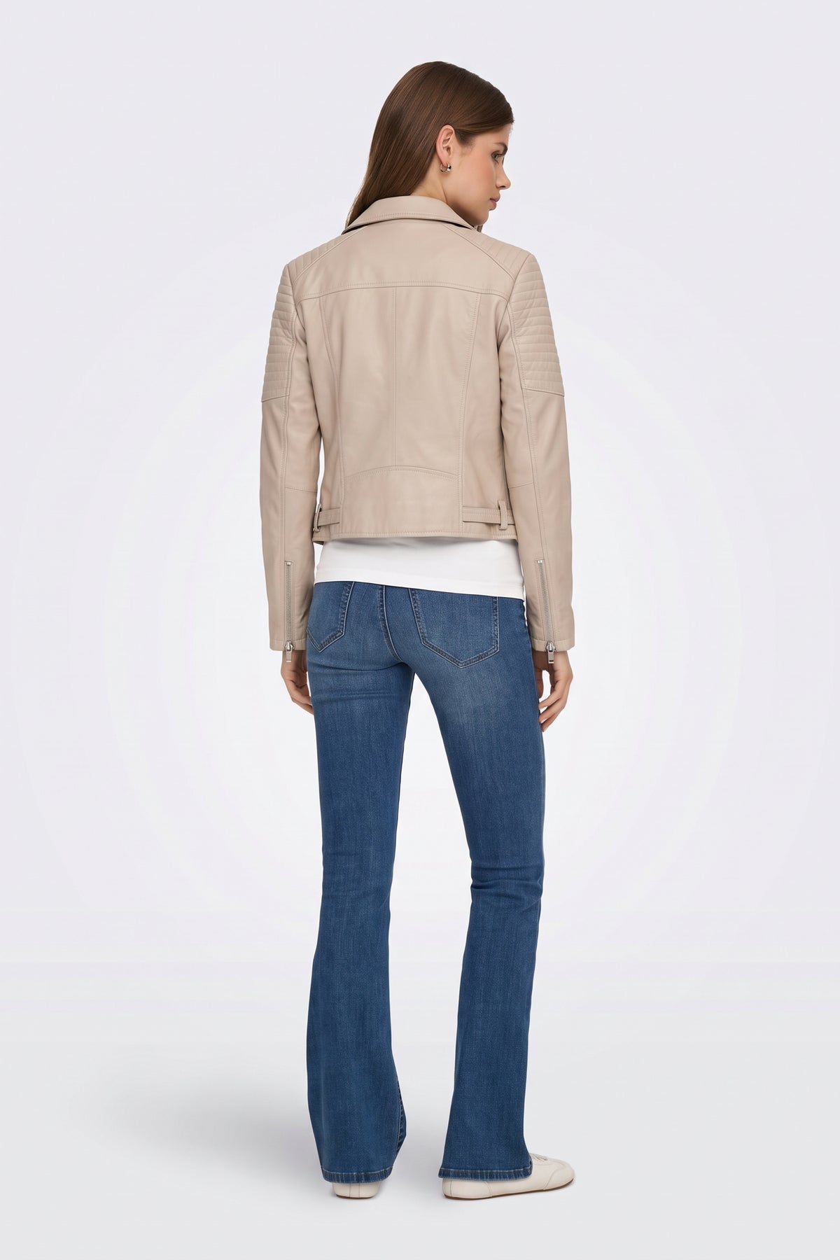 Faux Leather Jacket Beige Fitted Biker, back
