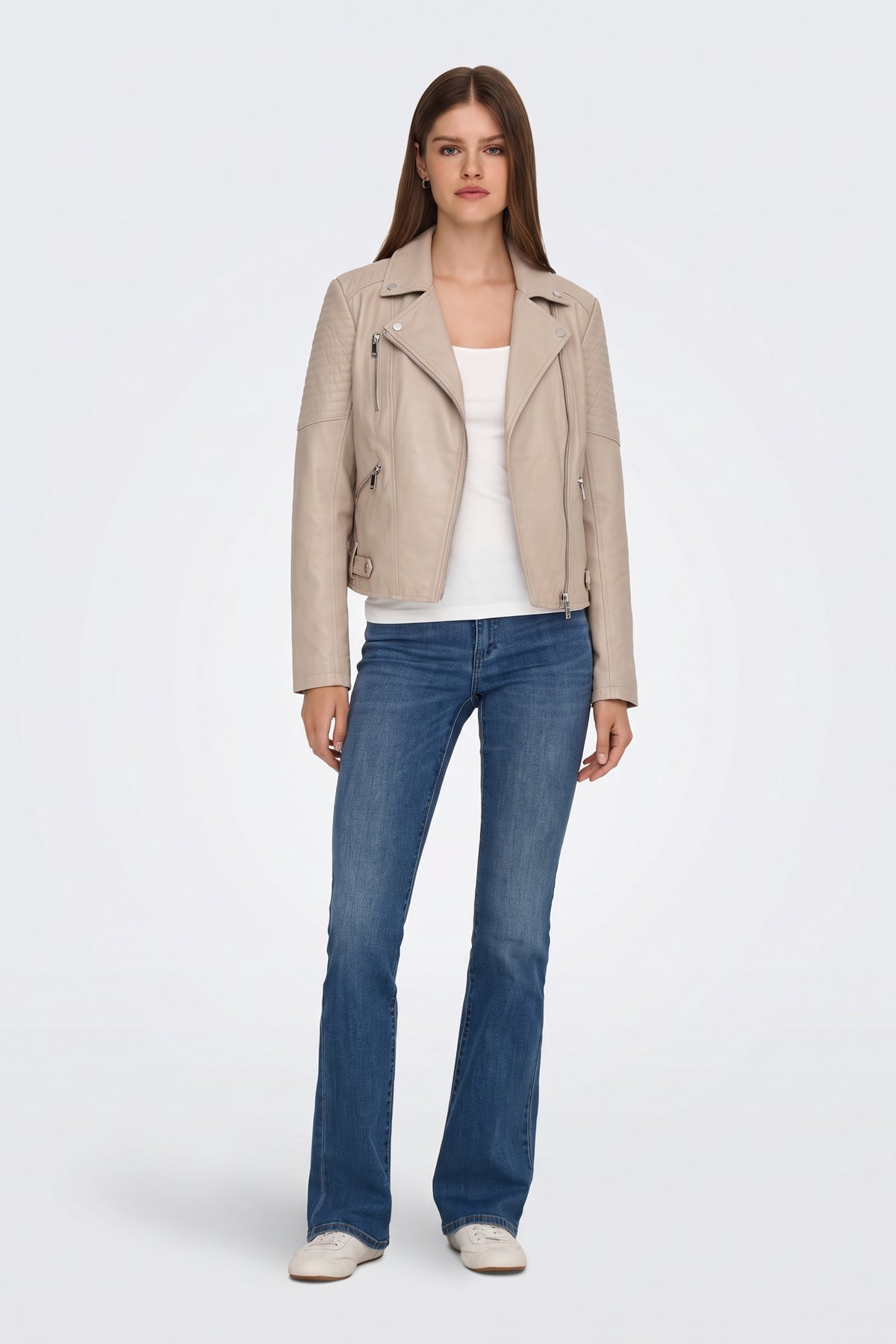 Faux Leather Jacket Beige Fitted Biker full length on model